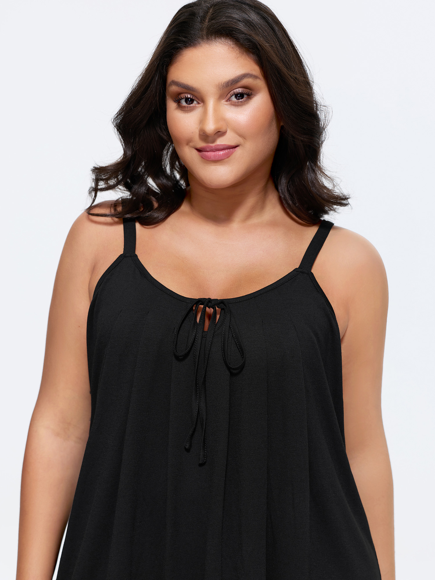 Side view of BloomChic Women's Plus Size Supersoft Pleated Knotted Flowy Lounge Dress Black Knee Length 10/M