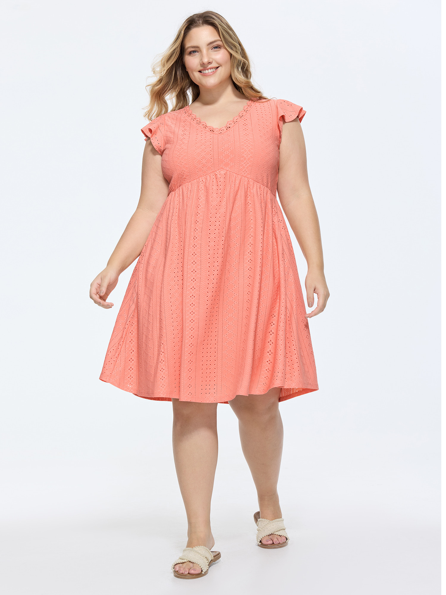 BloomChic Women's Plus Size Eyelet Textured Flutter Sleeve Mini Dress Crepe Solid Knee Length Casual Lace Trim 30/6X