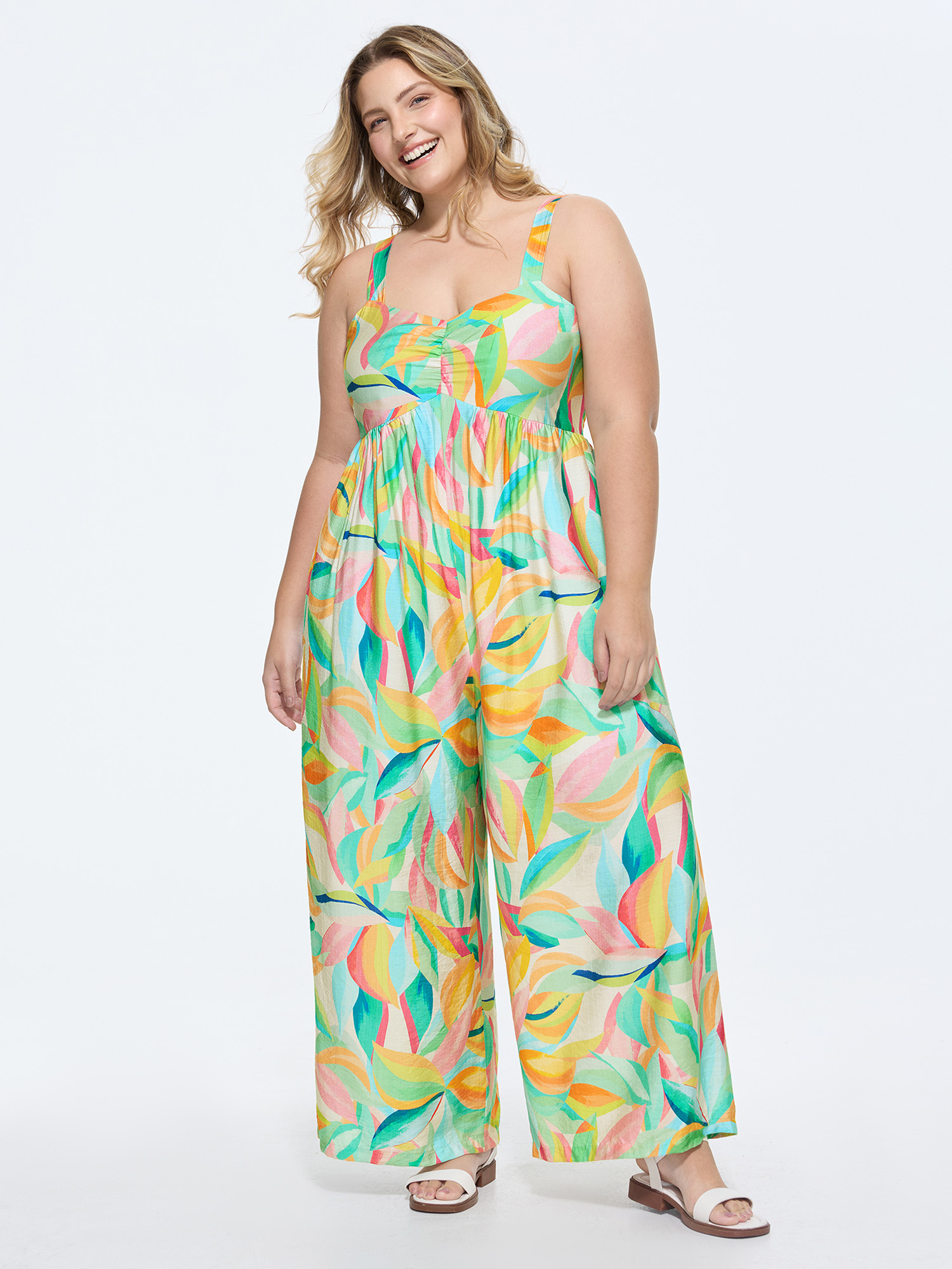 BloomChic Women's Plus Size Colorful Floral Print Ruched Jumpsuit Arctic Casual 18-20/2X-image-48326235226282