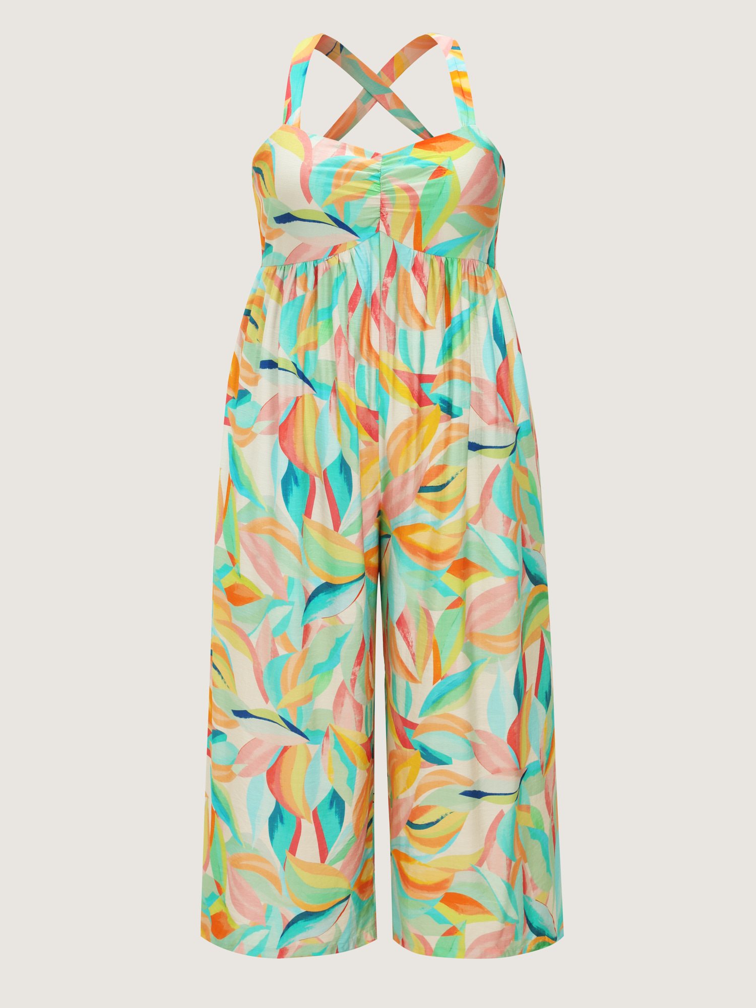 Side view of BloomChic Women's Plus Size Colorful Floral Print Ruched Jumpsuit Arctic Casual 10/M