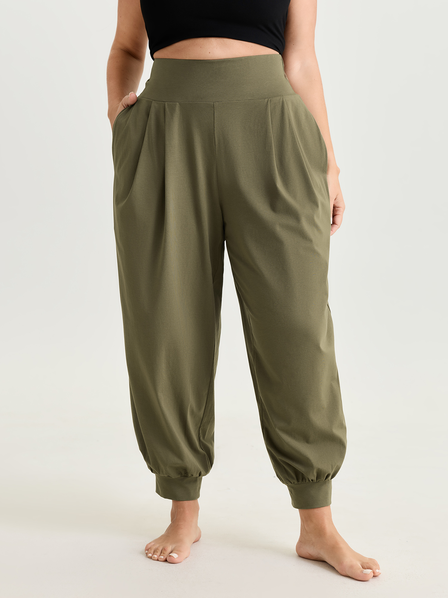 BloomChic Women's Plus Size Cotton Stretchy Wide Waistband Jogger Lounge Bottoms ArmyGreen Cropped 10/M-image-48326279200938