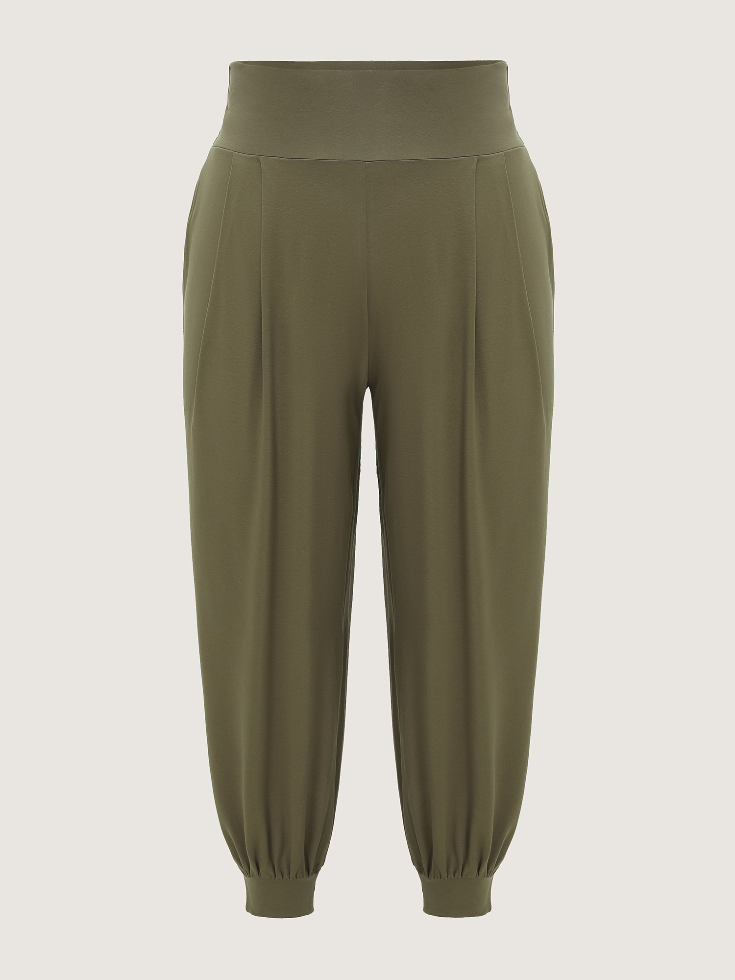 Side view of BloomChic Women's Plus Size Cotton Stretchy Wide Waistband Jogger Lounge Bottoms ArmyGreen Cropped 26/4X