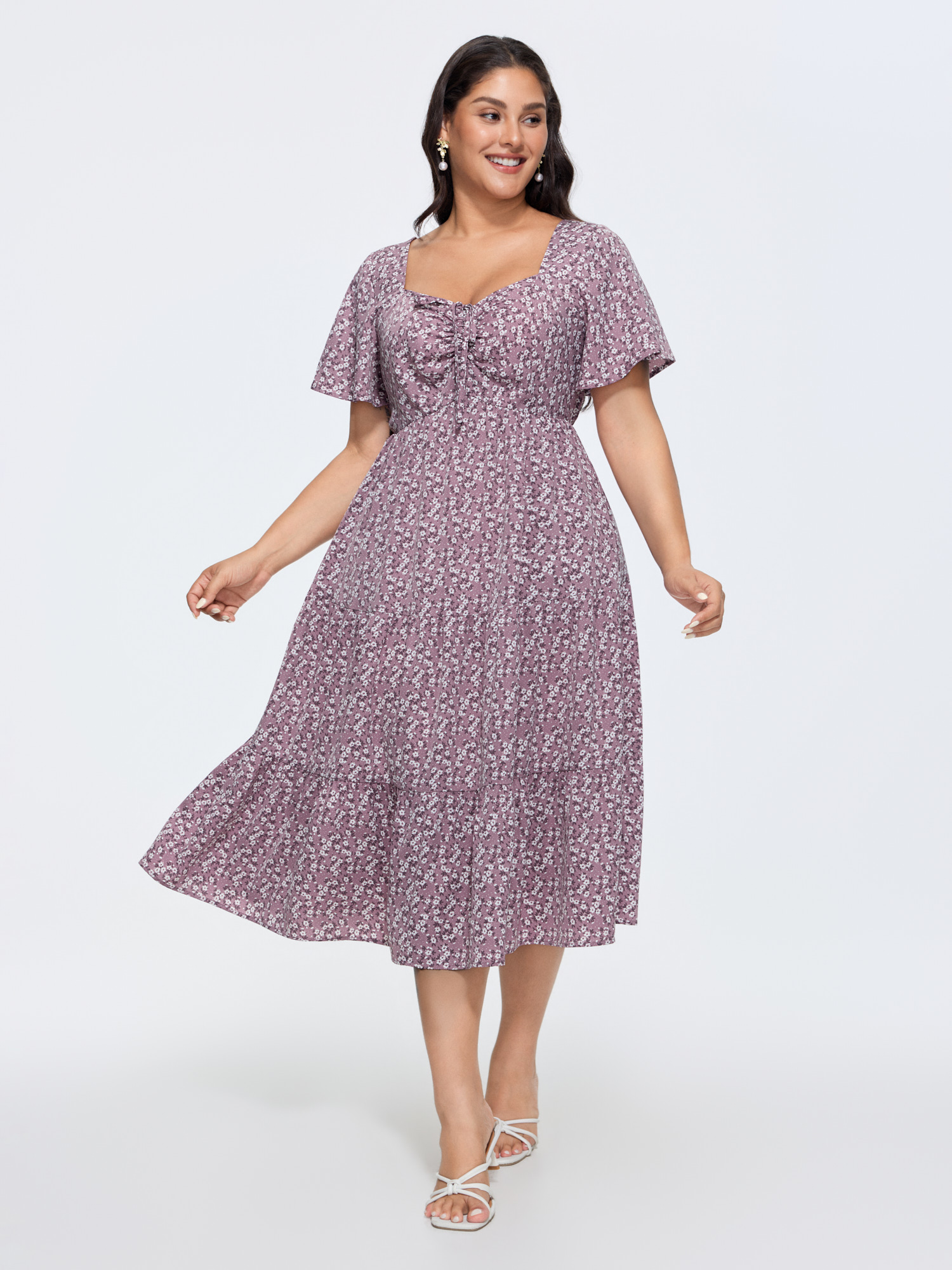 BloomChic Plus Size Ditsy Floral Sweetheart Drawstring Pocket Tiered Dress - Curve Ladies Heather Elegant Short sleeve Ditsy Floral Side Pocket Daily Dresses 16/L