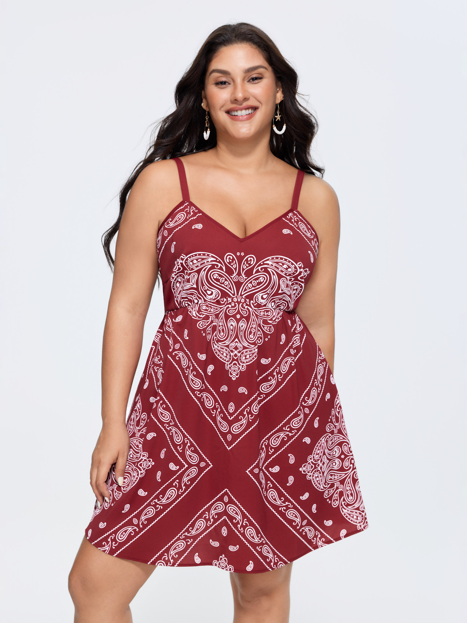 BloomChic Women's Plus Size Geometric Stripe Shirred Back Mini Dress Scarlet Paisley Short Vacation 22-24/3X