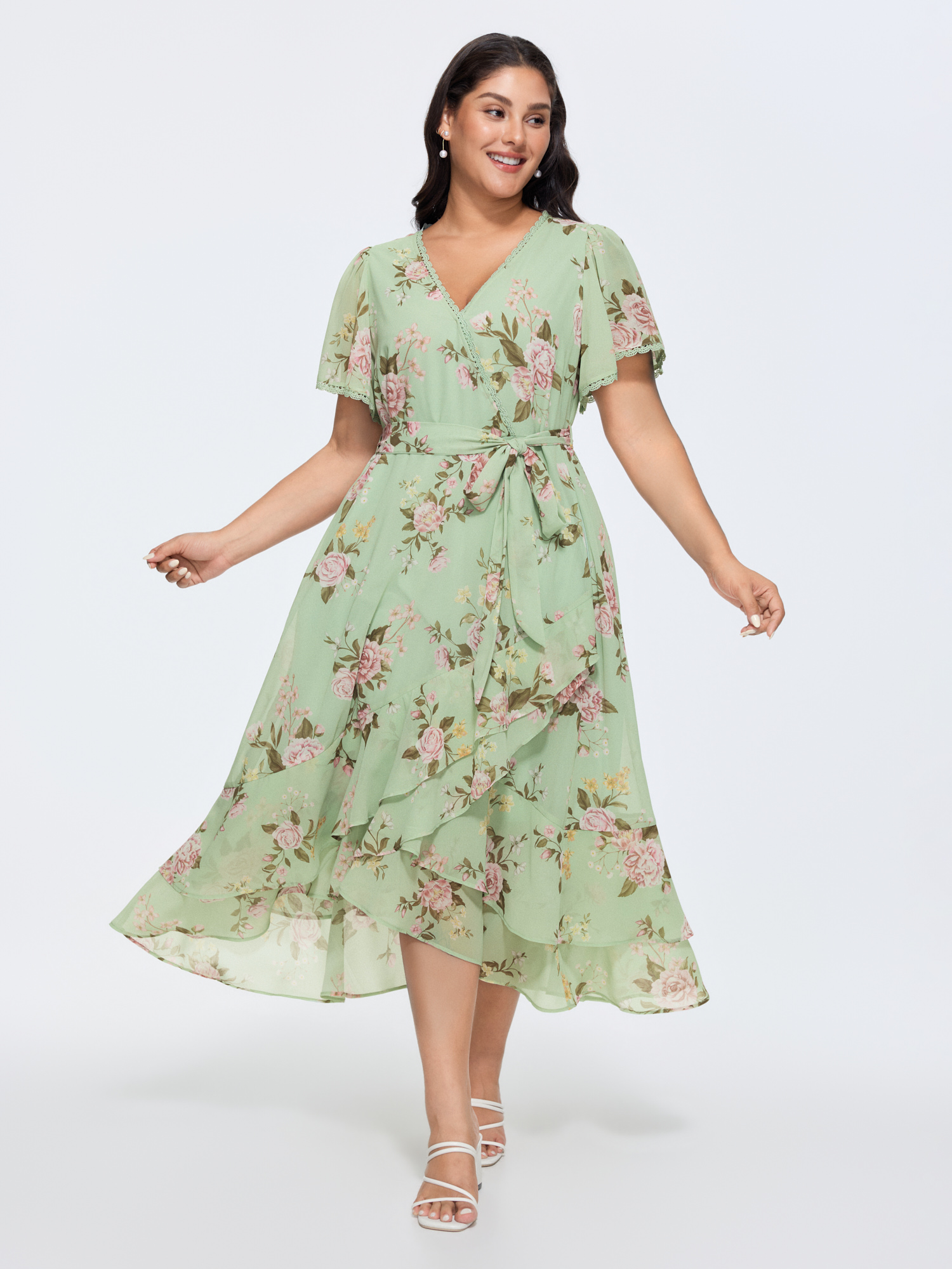 BloomChic Women's Plus Size Soft Floral Print Lotus Leaf Hem Midi Dress Greenbean Ditsy Floral Midi Everyday-Elegant Tie knot 18-20/2X