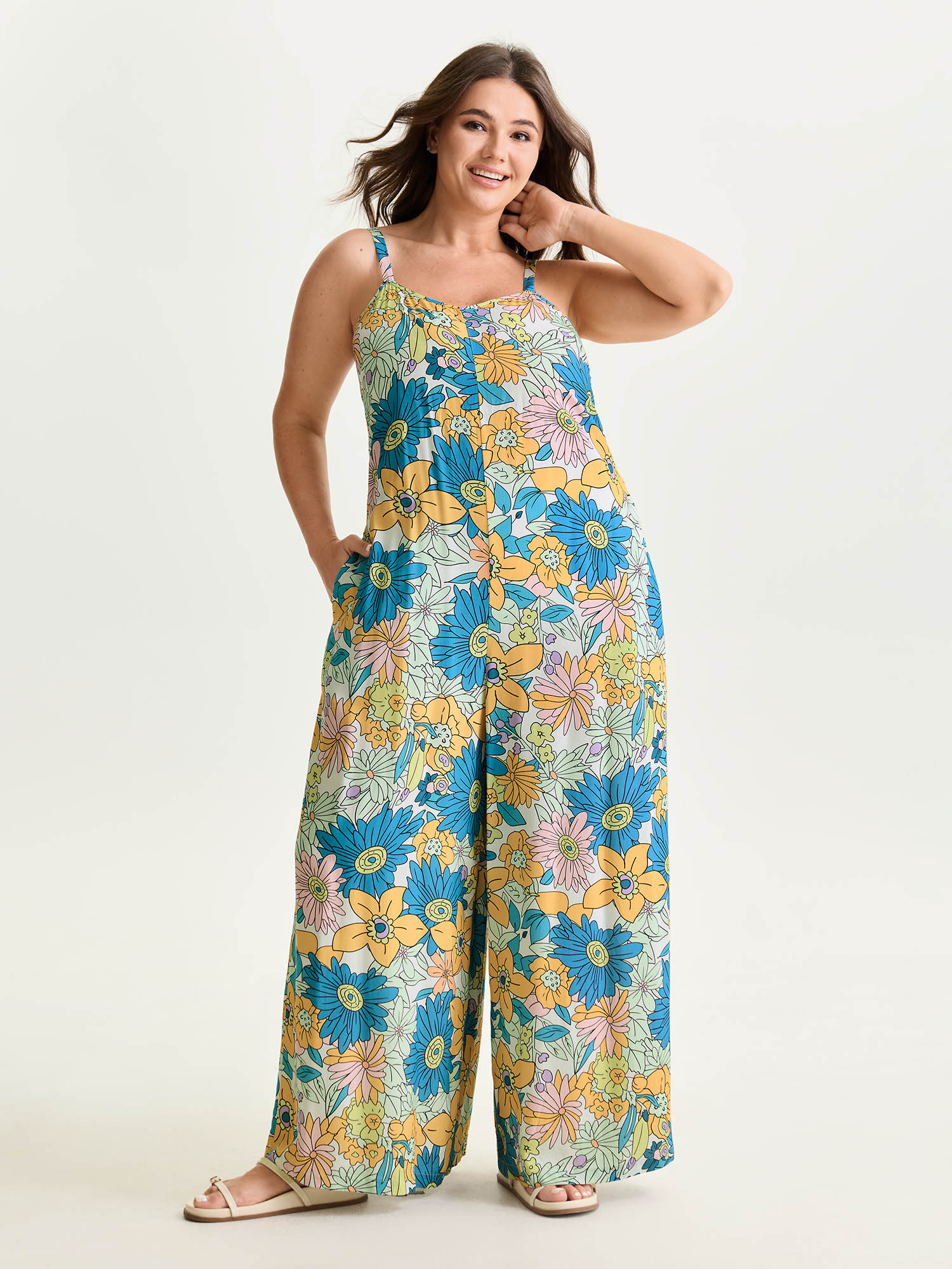 BloomChic Plus Size Vivid Groove Floral Sleeveless Wide Leg Jumpsuit - Curve Women's Cerulean Playsuit - Leg-Lengthening Look Side Pocket Wide leg Jumpsuits 26-28/3X