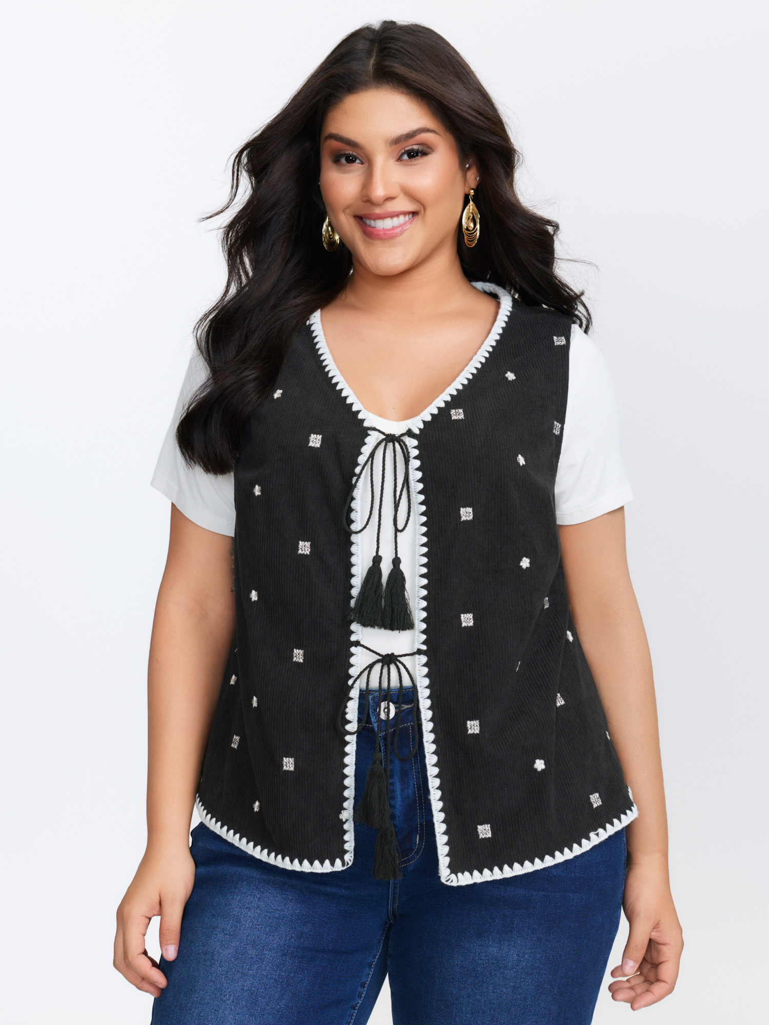 BloomChic Women's Plus Size Floral Embroidered Tassel-Front Vest Black Lace-Up 18-20/2X-image-47879487226026