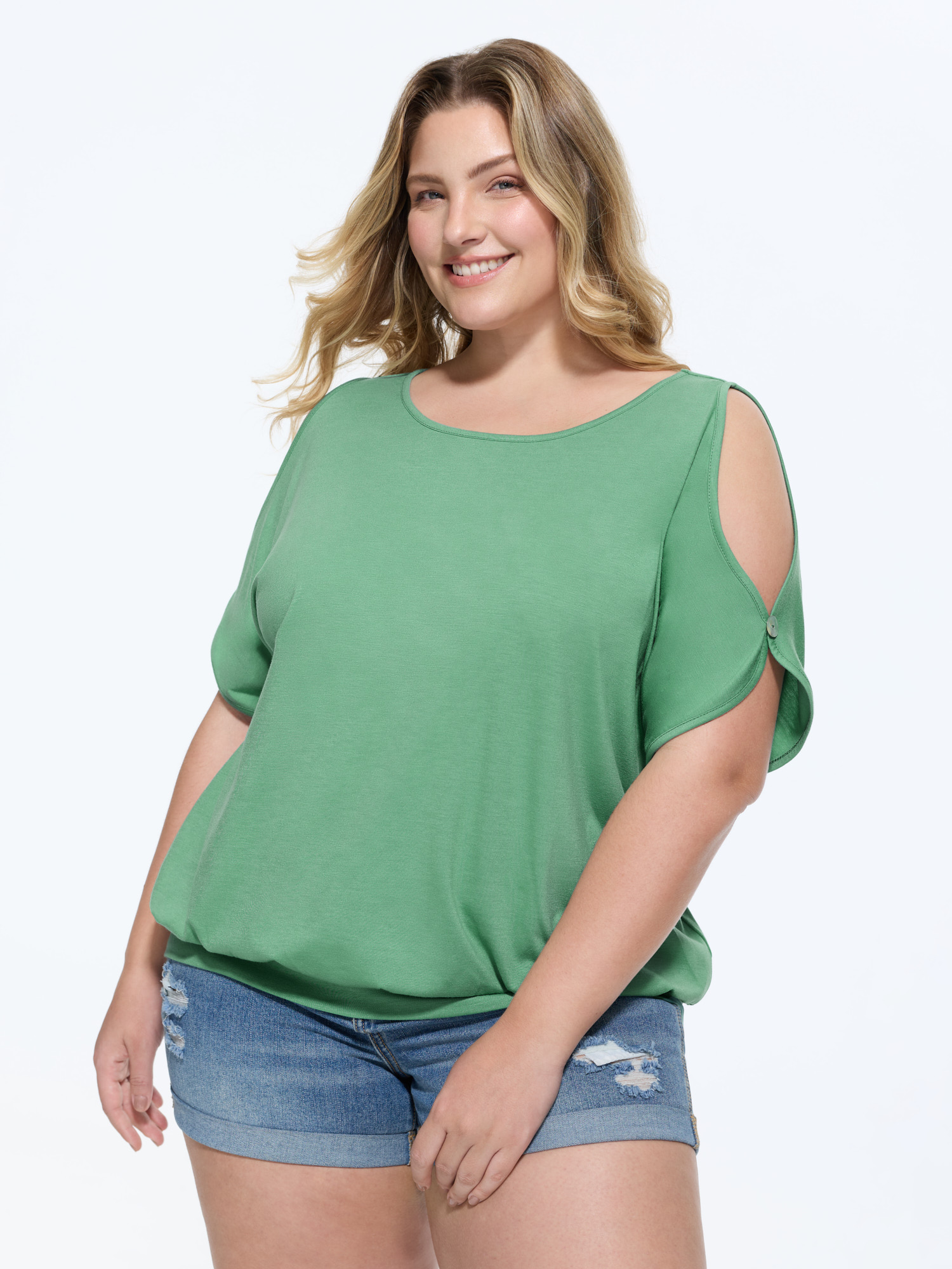 BloomChic Women's Plus Size Supersoft Cut-Out Shoulder T-Shirt Greenbean Solid Everyday-Casual Short sleeve Round Neck 10/M
