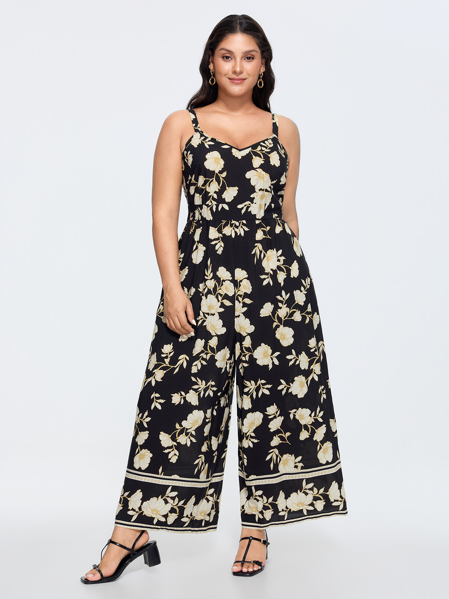 BloomChic Women's Plus Size Floral Print Shirred Back Jumpsuit Black Elegant Relaxed Fit 18-20/2X-image-48333250199722