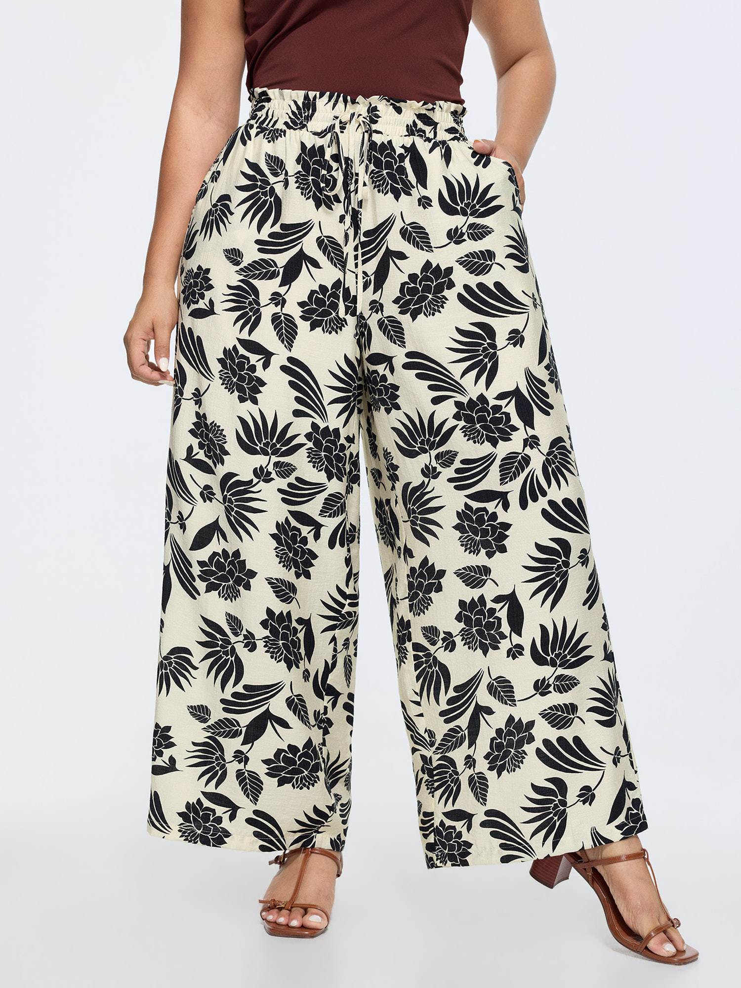 BloomChic Women's Plus Size Tropical Print Shirred Drawstring Waist Pants Beige Floral Wide leg Mid Rise 10/M