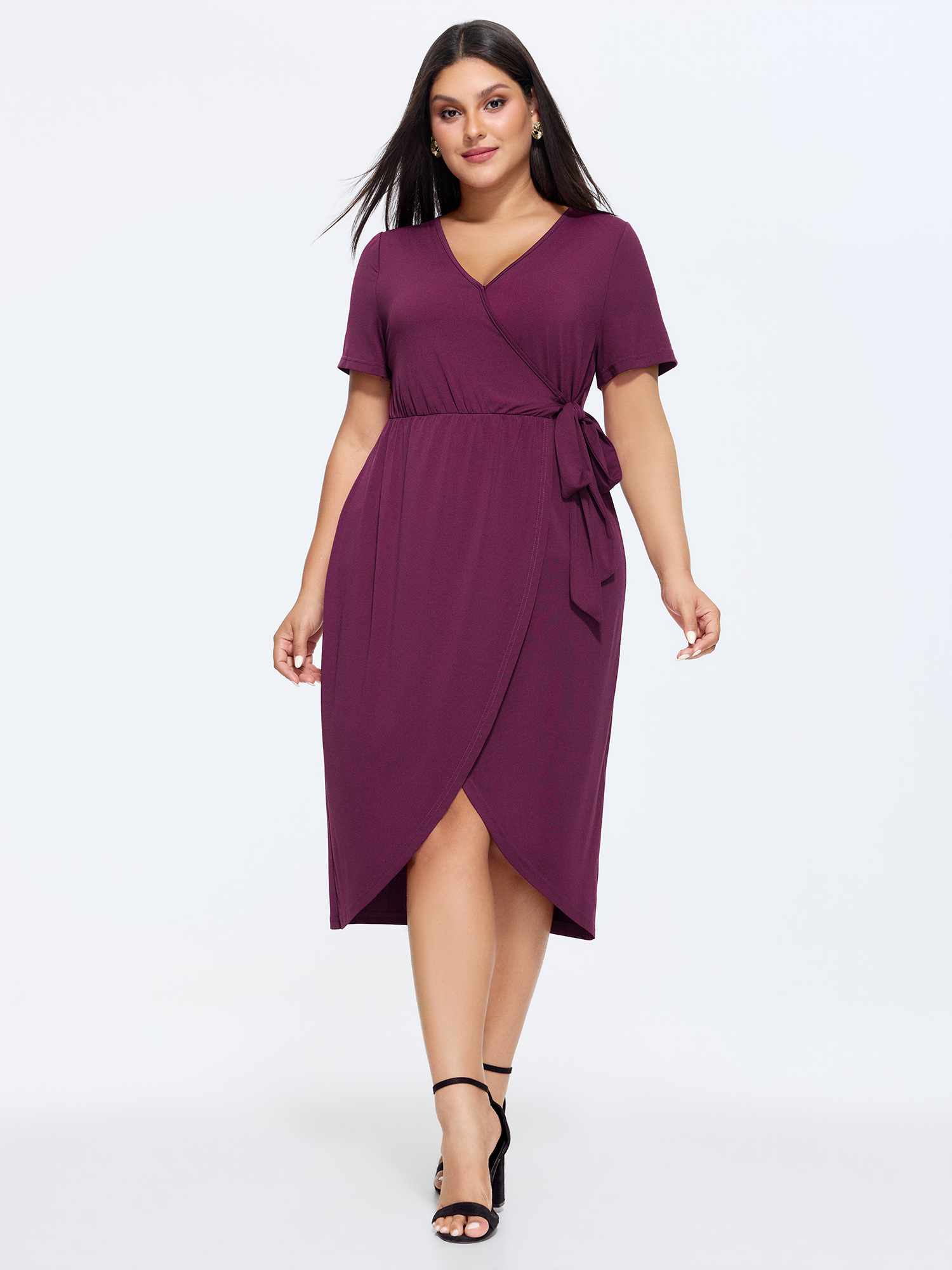 BloomChic Women's Plus Size Stretchy Wrap Side-Tie Petal Hem Midi Dress Deeppurplered Office Midi Wrap / Overlap V-Neck 18-20/2X