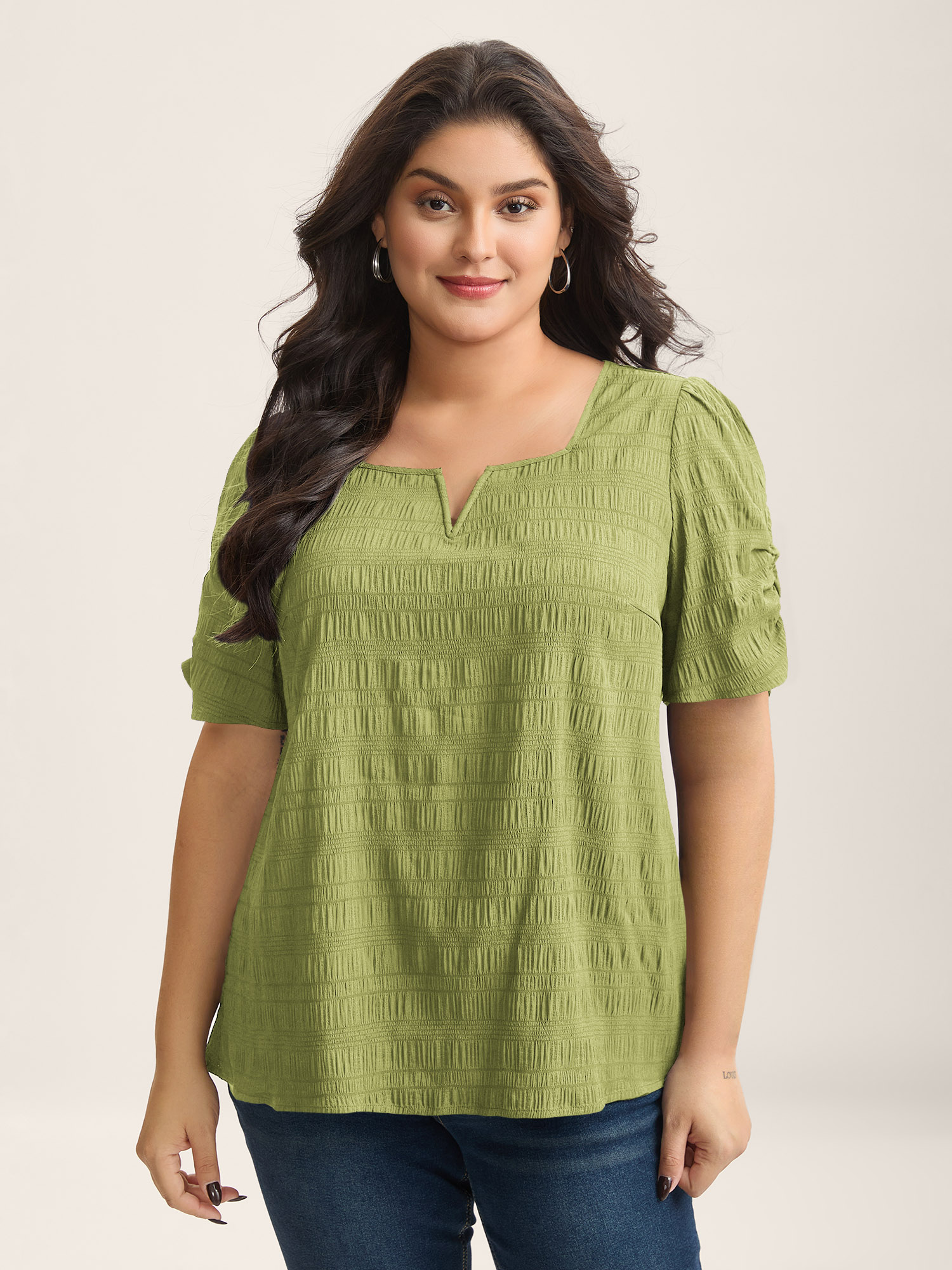 Bloomchic Women's Plus Size Textured Gathered Sleeve Split Neck Blouse Olive Solid Office Short Sleeve V-notch In Green