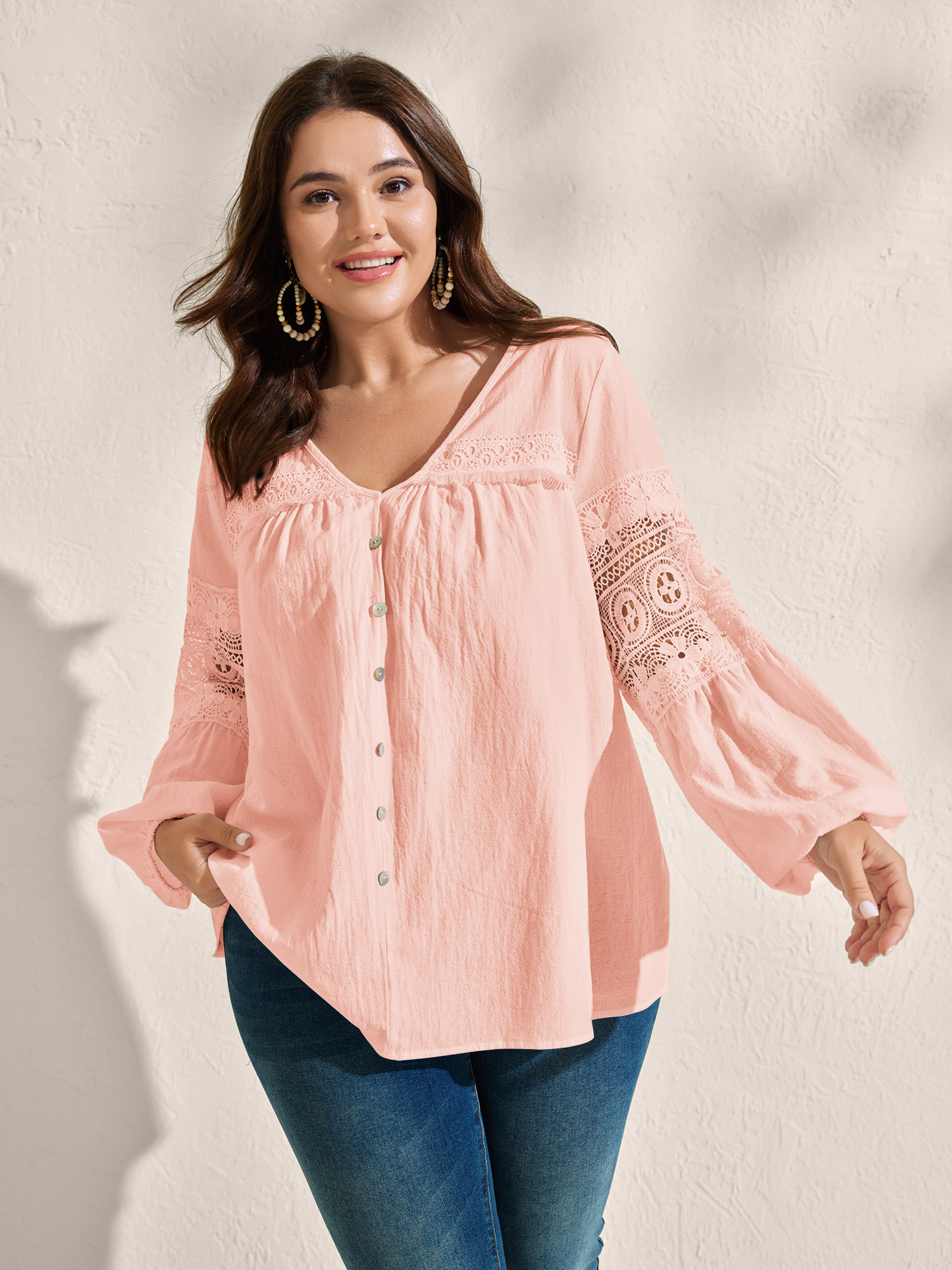 BloomChic Women's Plus Size Pure Cotton Sheer Lace Trim Blouse Lightpink Solid Vacation Long Sleeve V-Neck 10/M