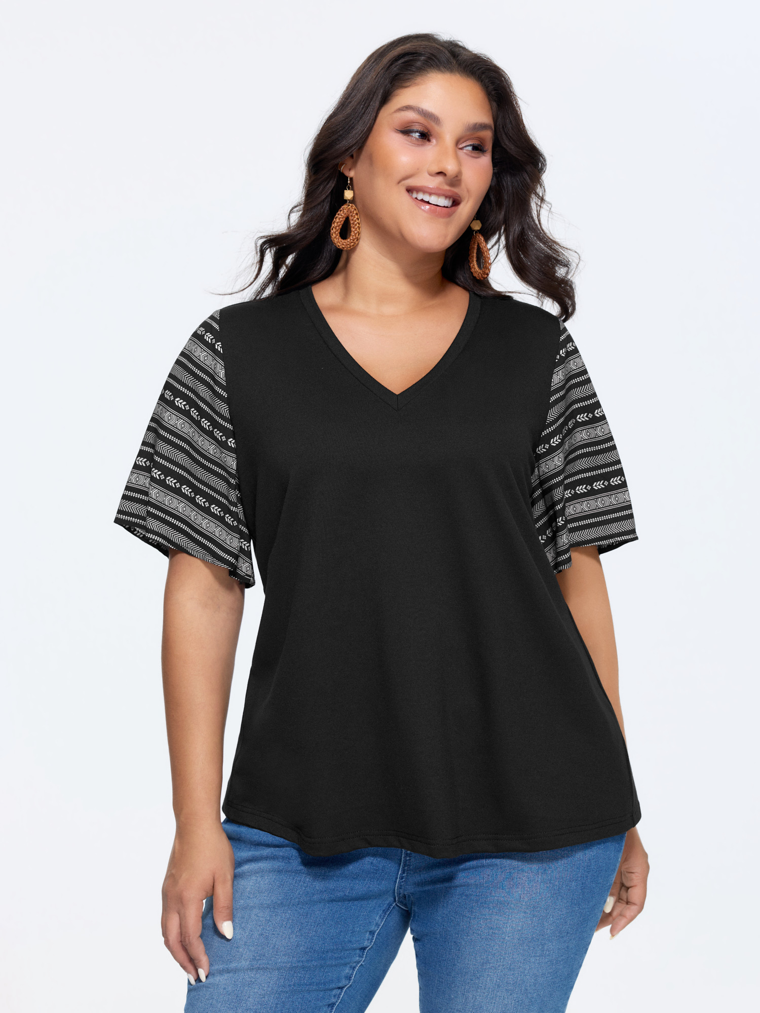 BloomChic Women's Plus Size Colorful Boho Sleeve V-Neck Blouse BlackFlower Vacation Short sleeve 10/M