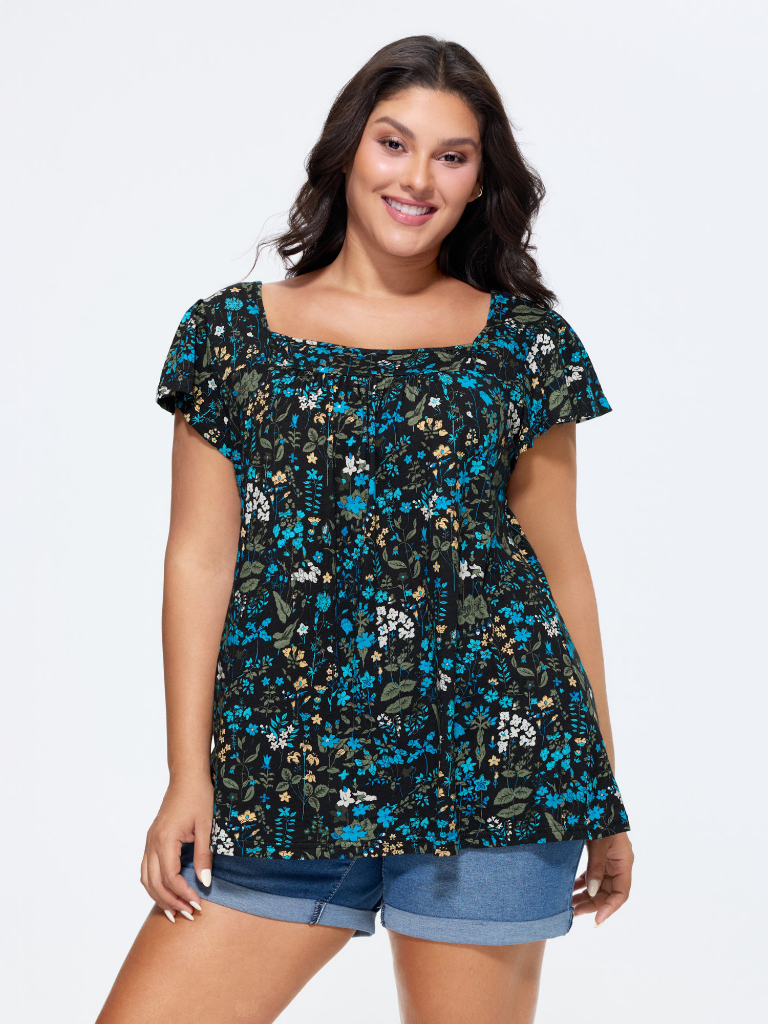 BloomChic Women's Plus Size Pure Cotton Floral Print Square Neck Top Black Cap Sleeve Everyday-Casual 18-20/2X