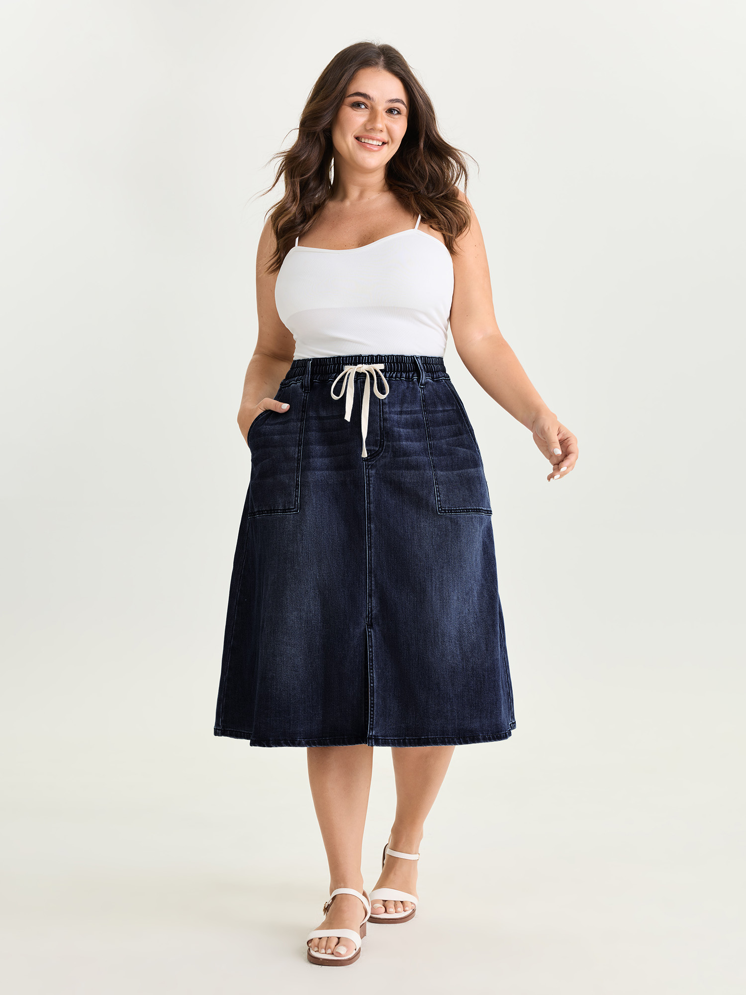 BloomChic Women's Plus Size Stretchy Contrast Drawstring Waist Midi Denim Skirt Denimindigo 30/6X-image-48829918281898