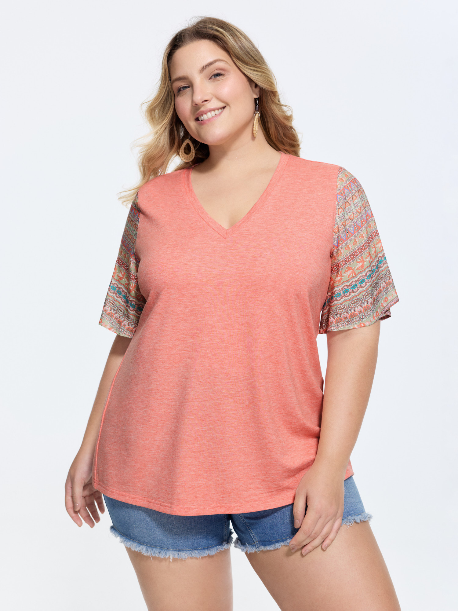 BloomChic Women's Plus Size Colorful Boho Sleeve V-Neck Blouse Salmon Vacation Short sleeve 10/M