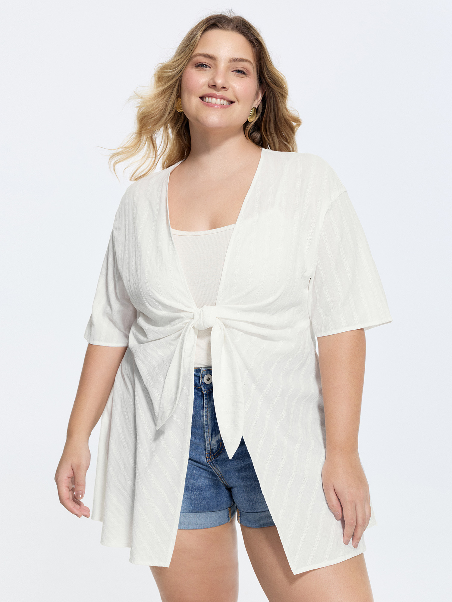 BloomChic Women's Plus Size Cotton Knotted-Front Textured Cover-Up Originalwhite 10/M