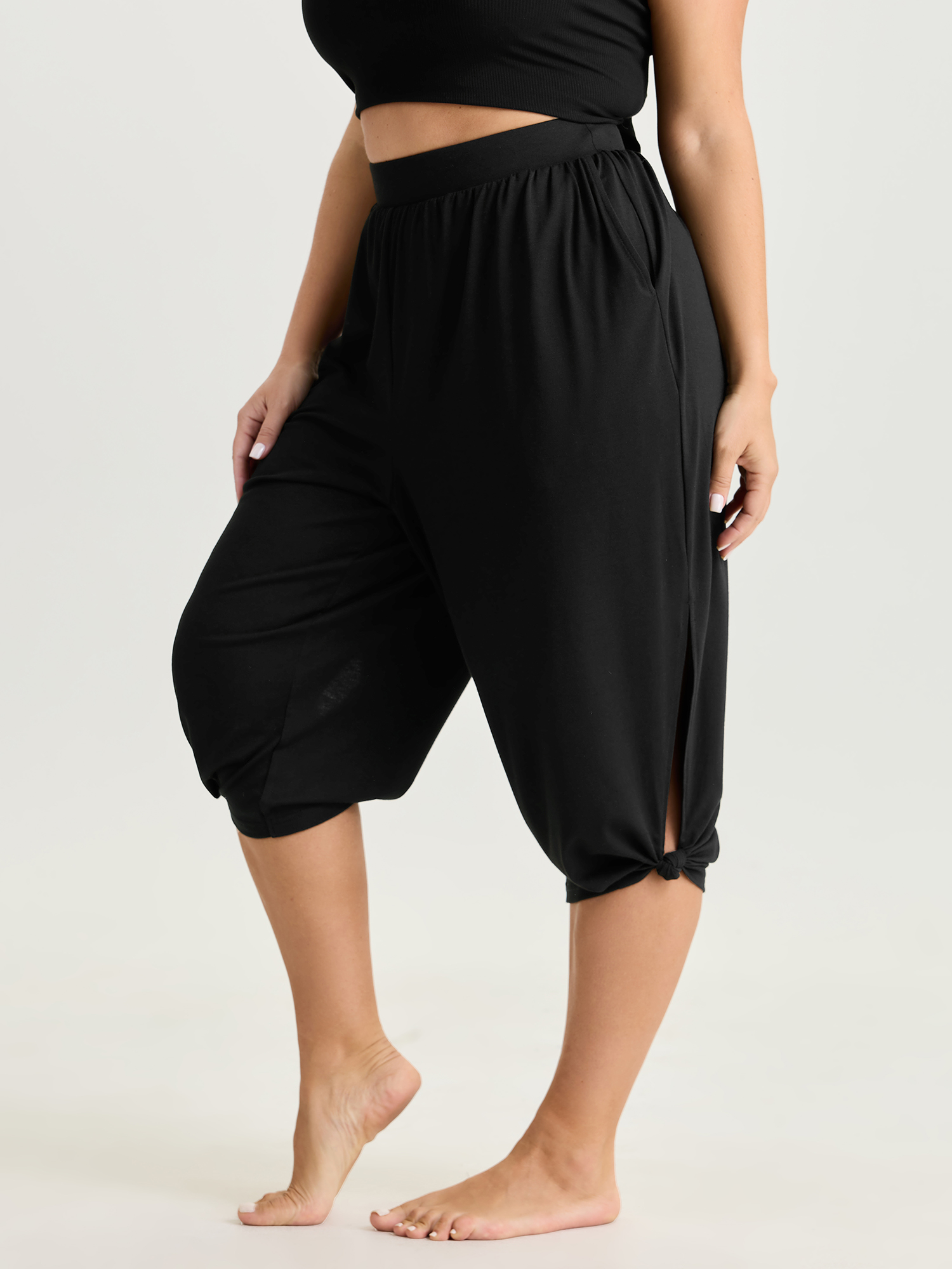 BloomChic Women's Plus Size Supersoft Stretchy Cuffed Cropped Lounge Bottoms Black Capri 28/5X-image-48335644328106