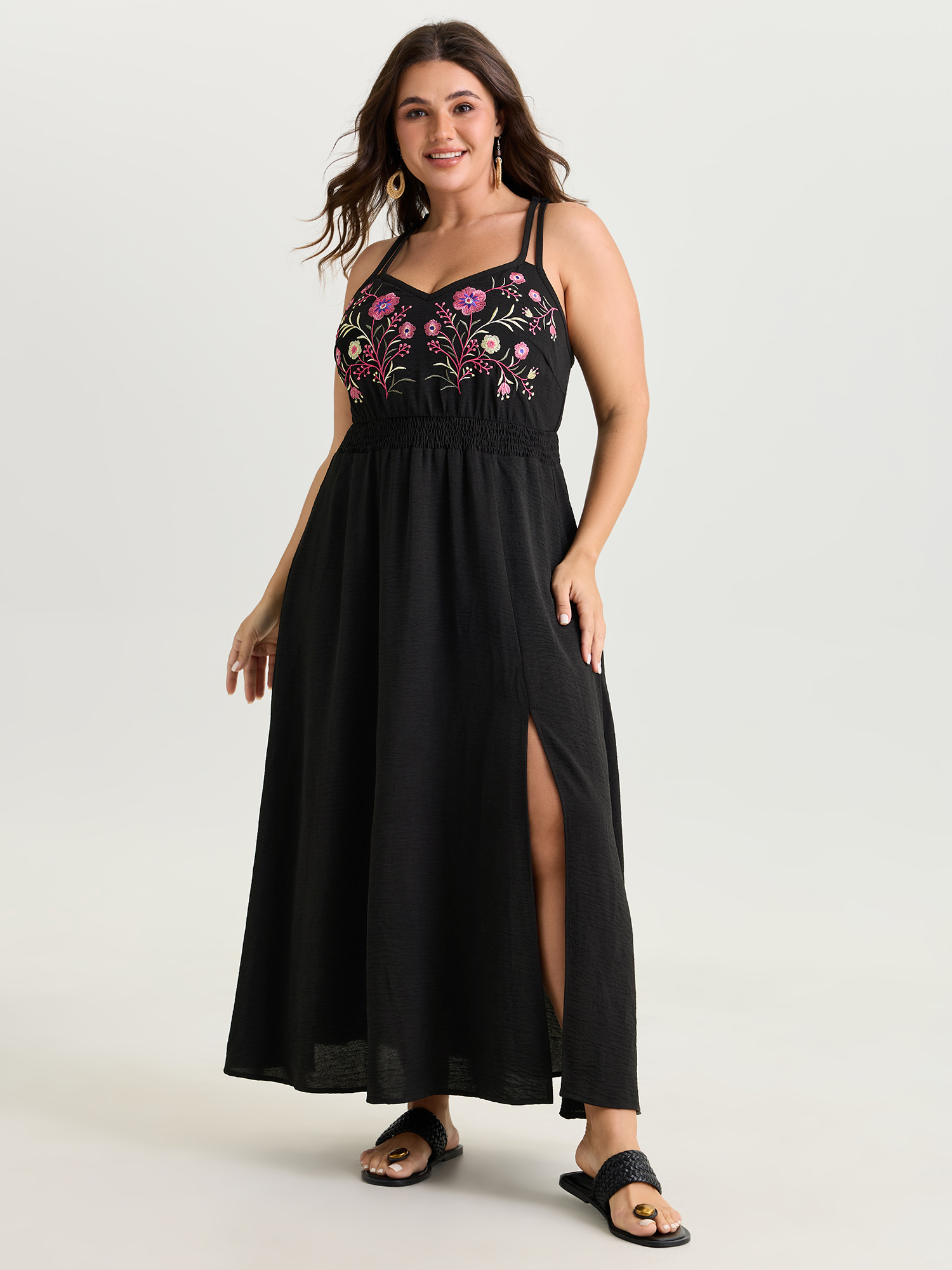BloomChic Plus Size Floral Embroidered Shirred Waist Maxi Dress - Curve Ladies Black Boho Sleeveless Floral Side Pocket Daily Dresses 18-20/1X
