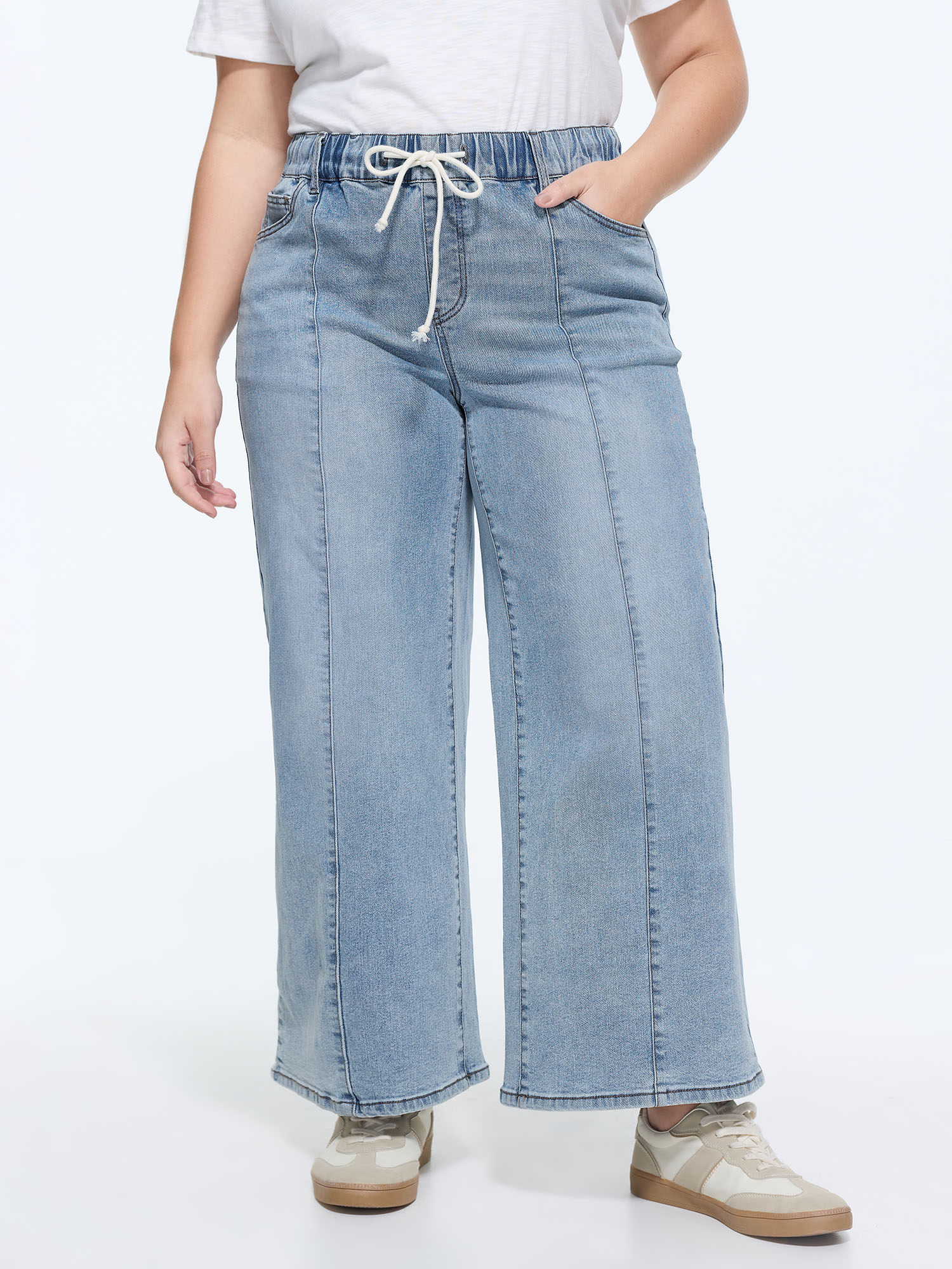 Side view of BloomChic Women's Plus Size Stretchy Elastic Waistband Seamed Jeans Denimlightblue Wide leg Medium stretch 30/6X