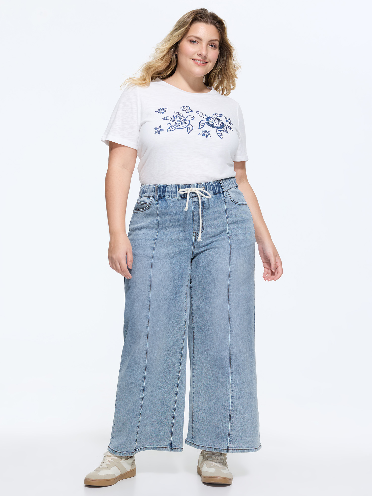 BloomChic Women's Plus Size Stretchy Elastic Waistband Seamed Jeans Denimlightblue Wide leg Medium stretch 30/6X