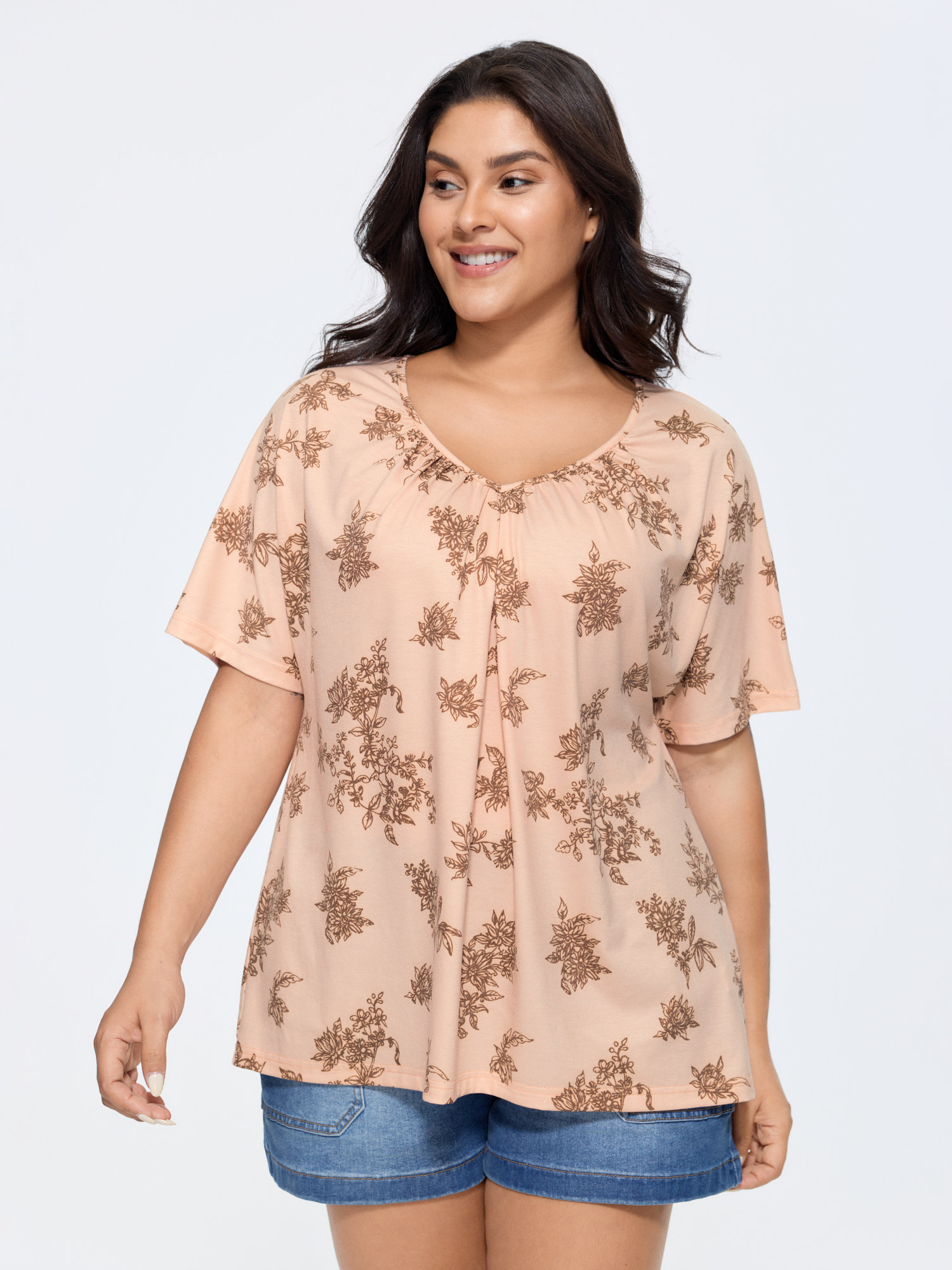 BloomChic Women's Plus Size Pleated Plain Half-Sleeve Knit Top Nudepink Short sleeve Everyday-Casual V-Neck 10/M