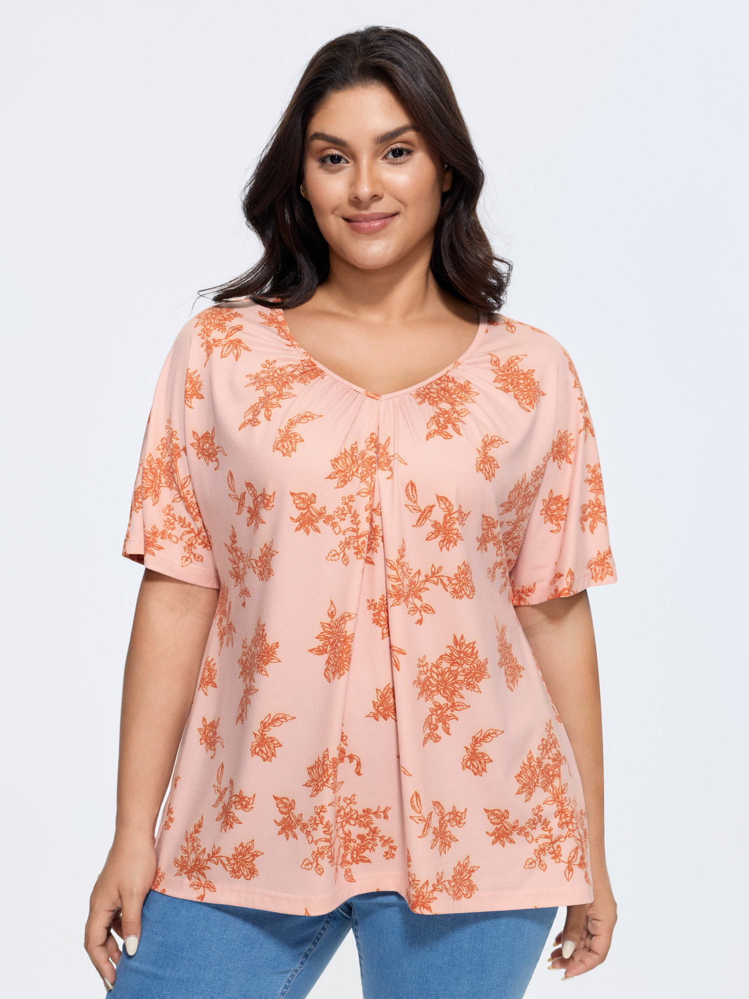 BloomChic Women's Plus Size Pleated Plain Half-Sleeve Knit Top OrangeRed Short sleeve Everyday-Casual V-Neck 10/M