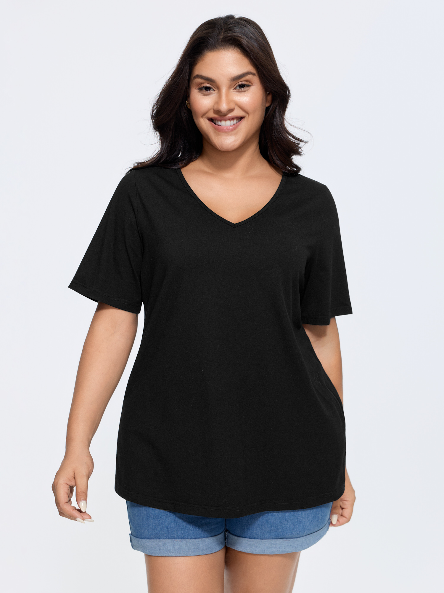 BloomChic Plus Size Cotton V Neck Plain Basic T-shirt - Women's Black Solid Round Neck Comfort Midsection Fit Long Sleeve Playful T-shirts 14/M