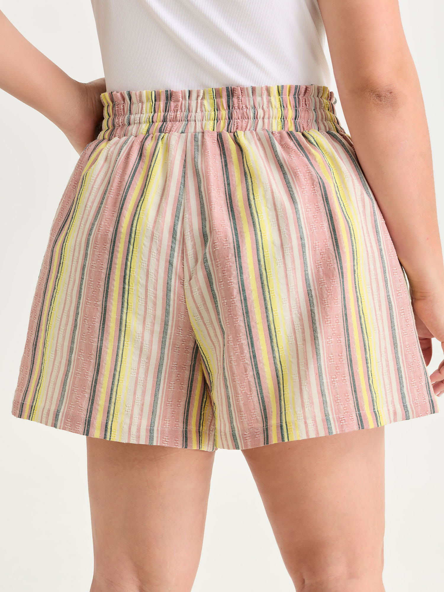 Side view of BloomChic Women's Plus Size Asymmetrical Striped Tassel Drawstring Shorts Crepe Vacation Wide leg Non Shorts 30/6X