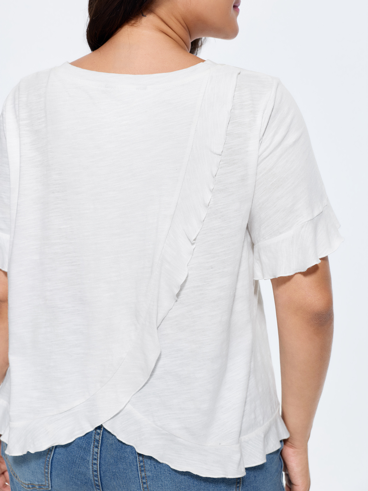 BloomChic Women's Plus Size Cotton Overlap Back Sheer Ruffled T-Shirt Originalwhite Solid Everyday-Casual Short sleeve Round Neck 10/M