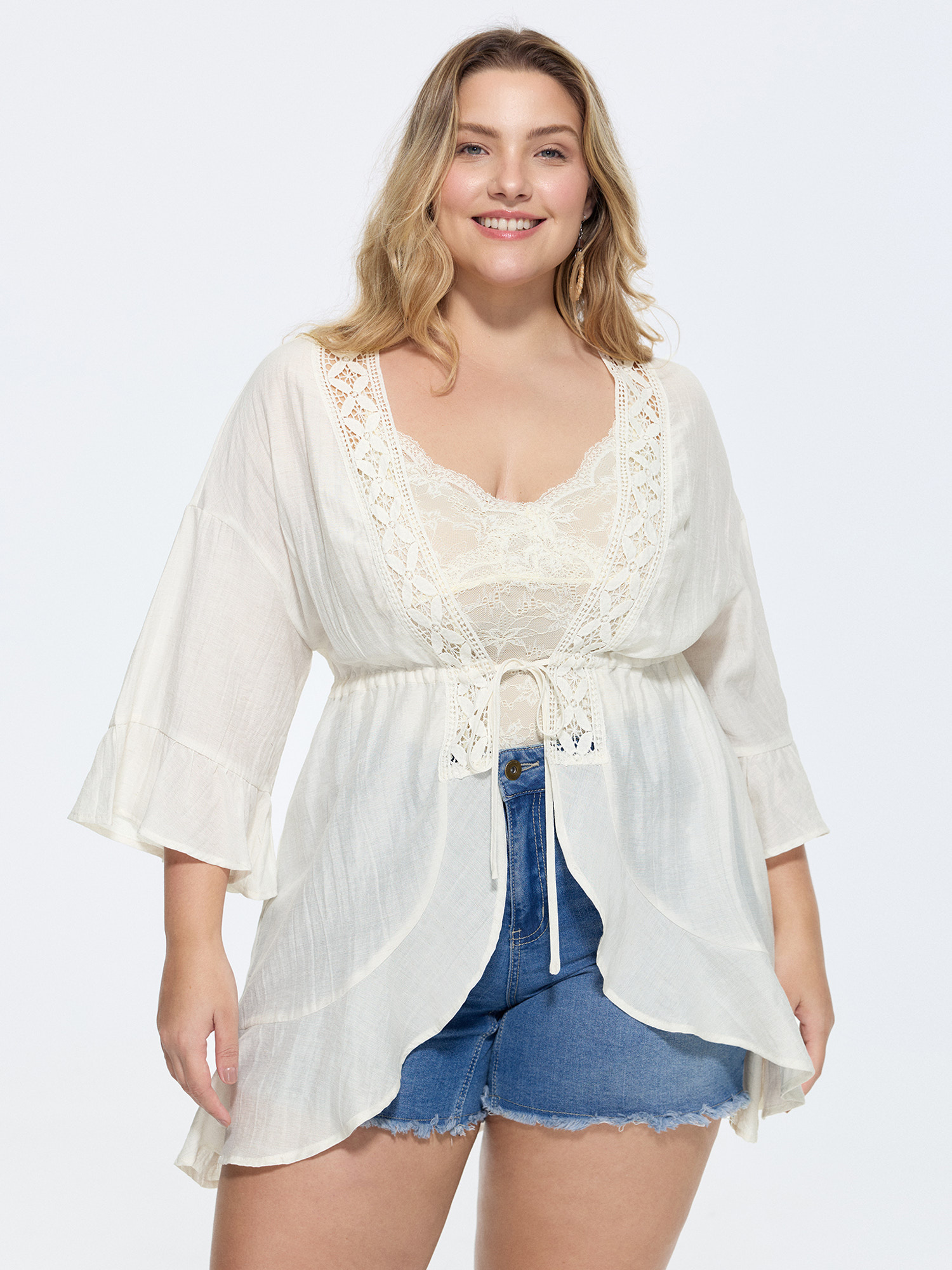 BloomChic Women's Plus Size Linen Blend Sheer Ruffled Detail Plain Cover-Up WhiteSmoke 10/M