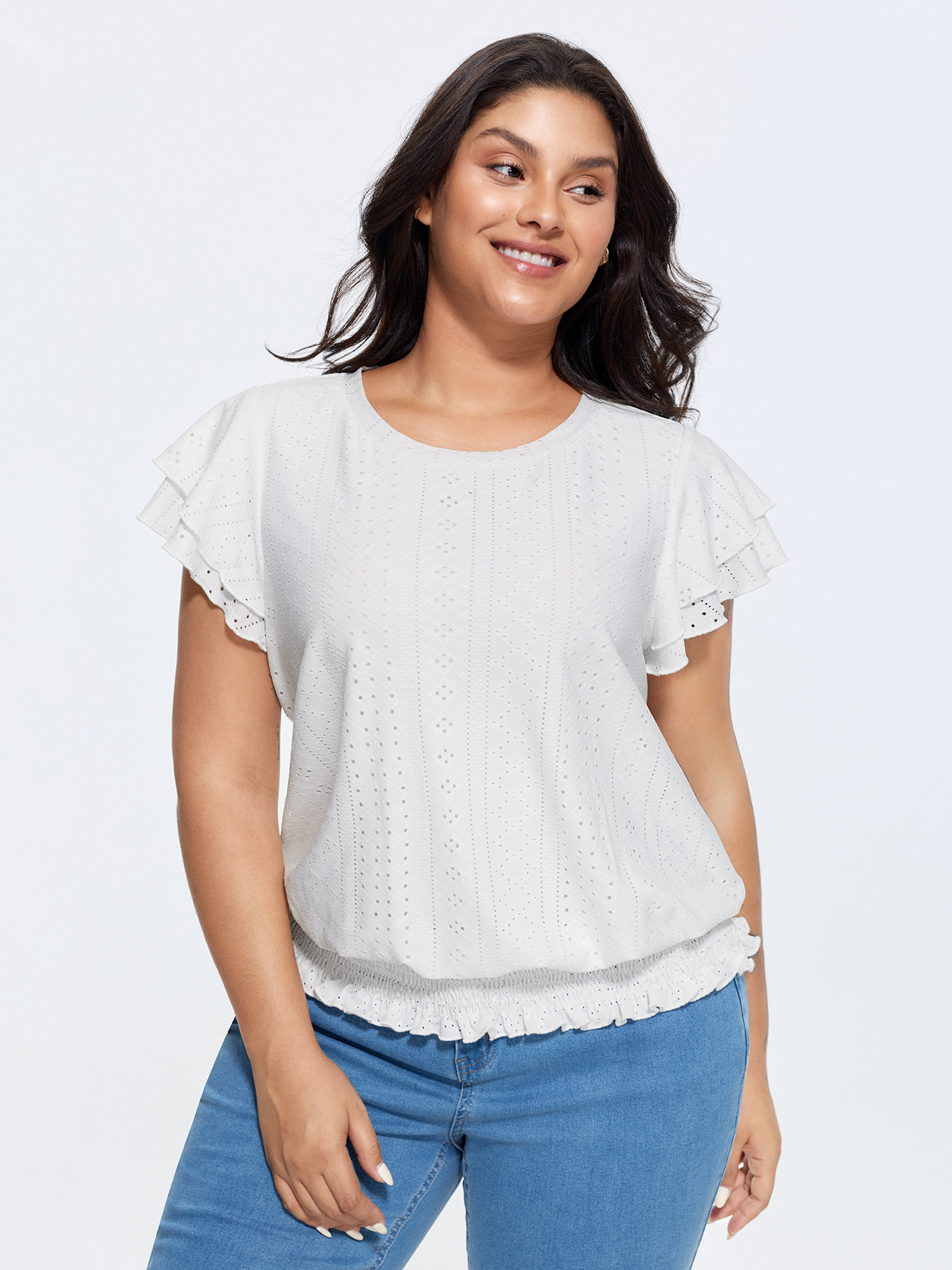 BloomChic Women's Plus Size Shirred Hem Eyelet Textured T-Shirt WhiteSmoke Solid Everyday-Casual Cap Sleeve Round Neck 10/M