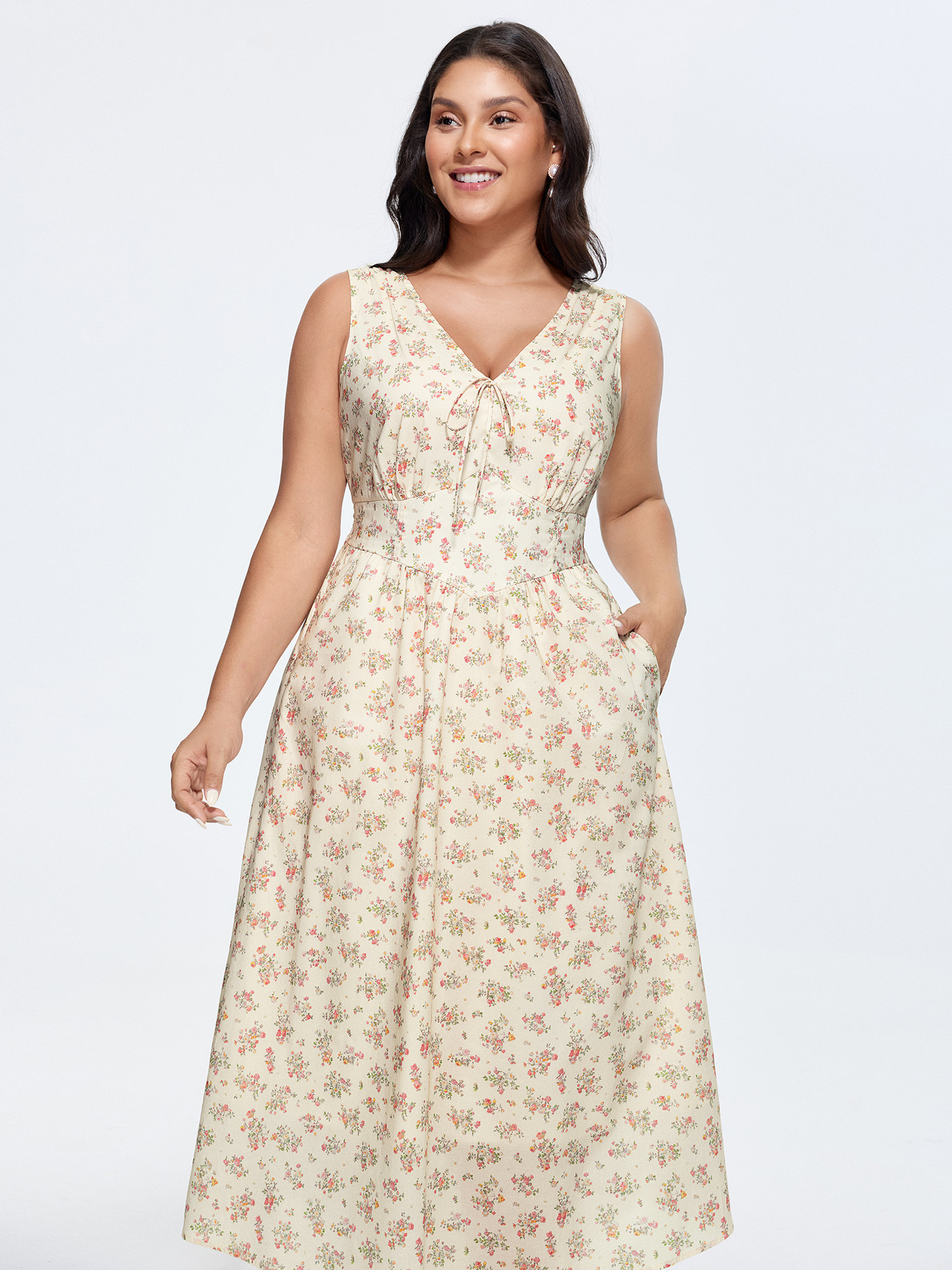 Side view of BloomChic Women's Plus Size Sweet Floral Print Cinched-Waist Midi Dress Beige Ditsy Floral Maxi Elegant Smocked 30/6X