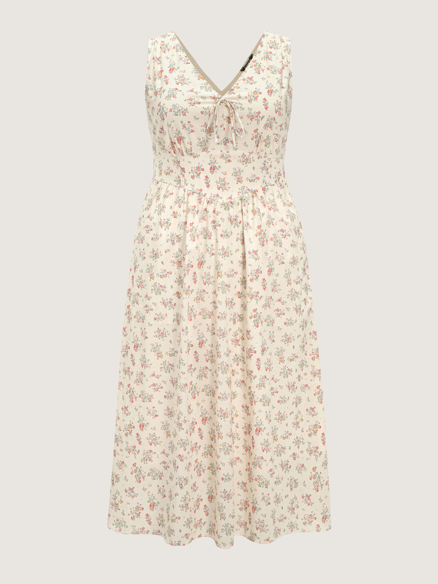 Side view of BloomChic Women's Plus Size Sweet Floral Print Cinched-Waist Midi Dress Beige Ditsy Floral Maxi Elegant Smocked 30/6X