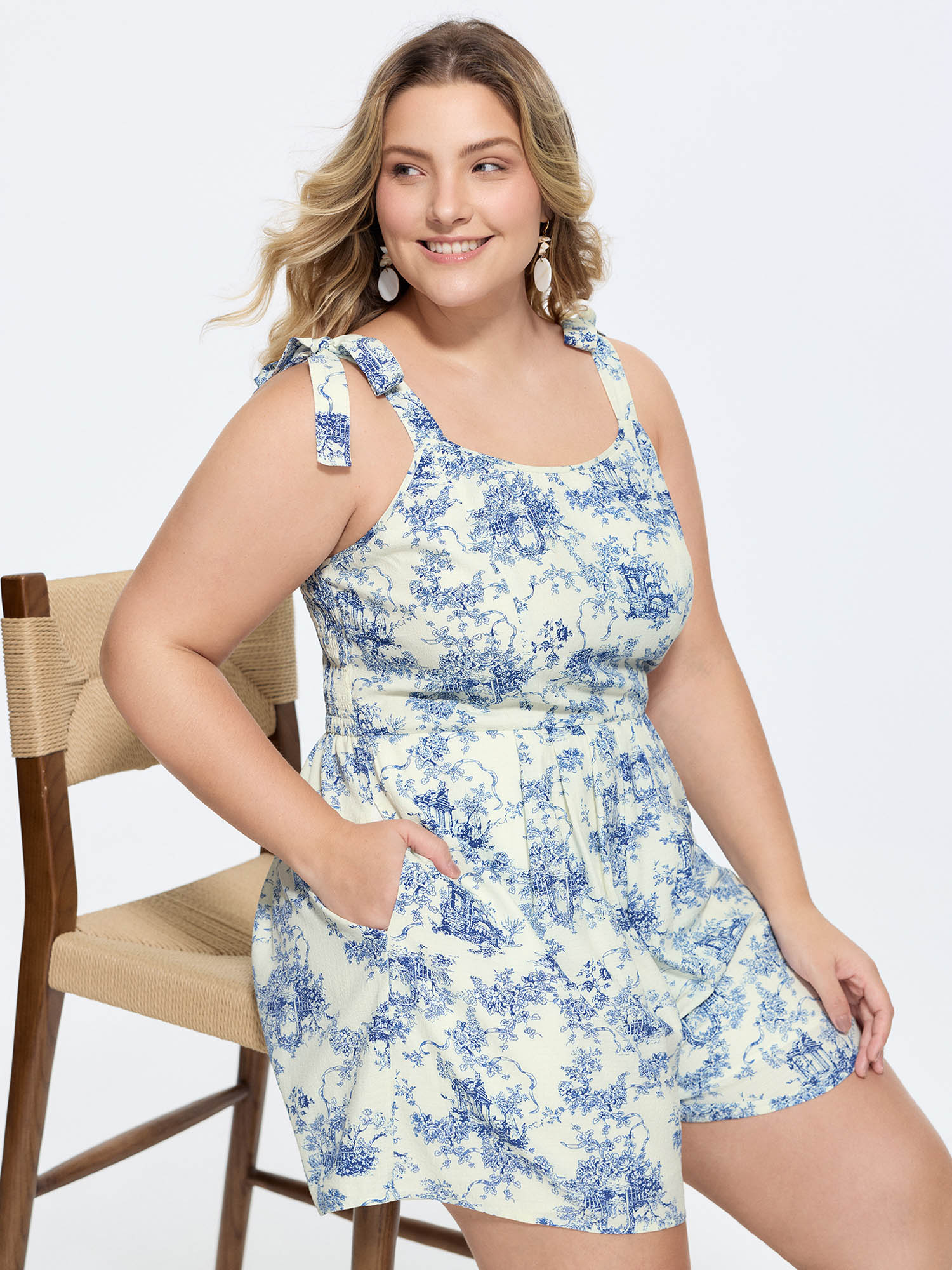 BloomChic Women's Plus Size Garden Print Adjustable Shoulder-Tie Romper Indigo Vacation 10/M-image-48335757246634