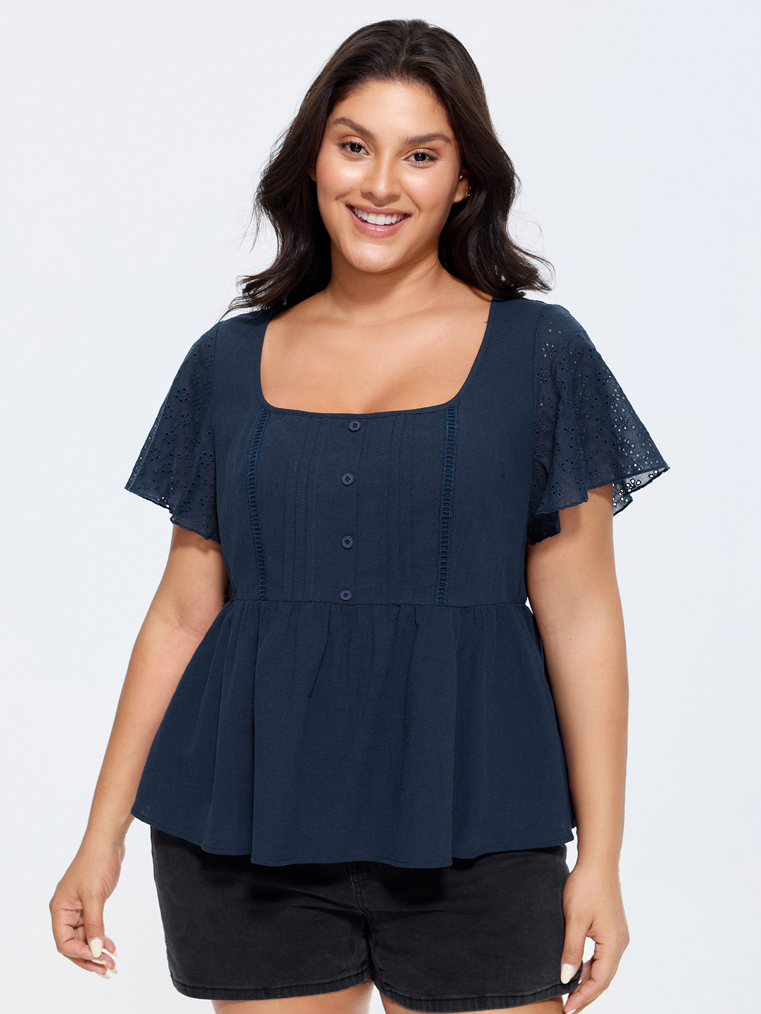BloomChic Women's Plus Size Cotton Pleated Fit And Flare Plain Blouse Indigo Solid Everyday-Casual Short sleeve Square Neck 18-20/2X