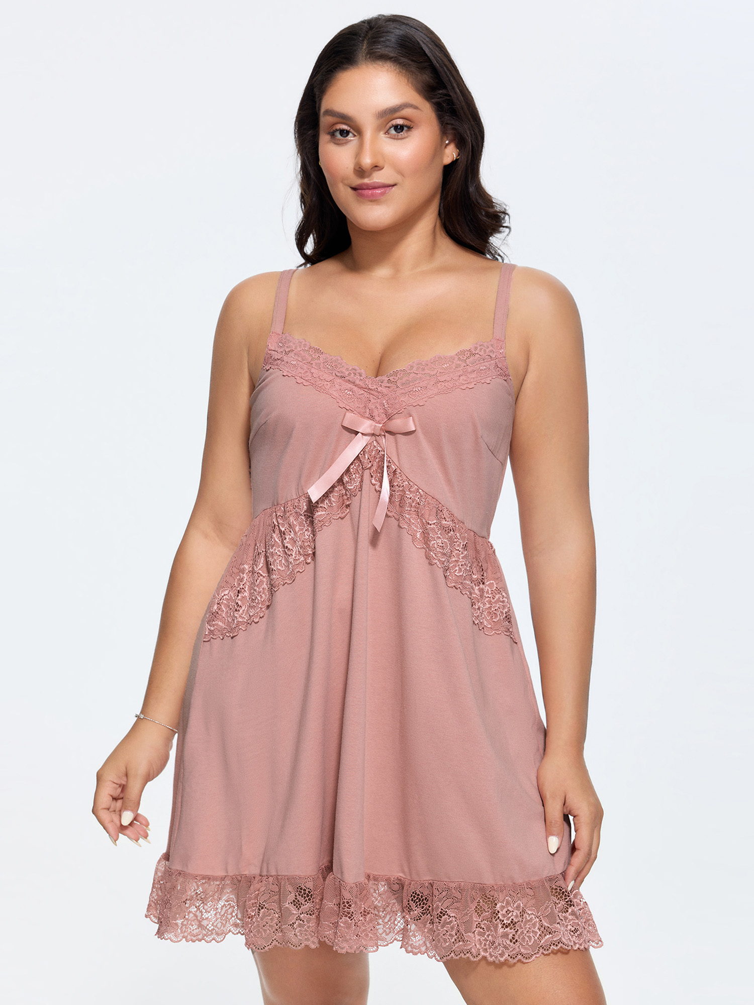 BloomChic Women's Plus Size Lace Ruffled Hem Bow Detail Nightgown Dirtypink Sleeveless Midi Sweetheart Neck 26/4X-image-48335757148330