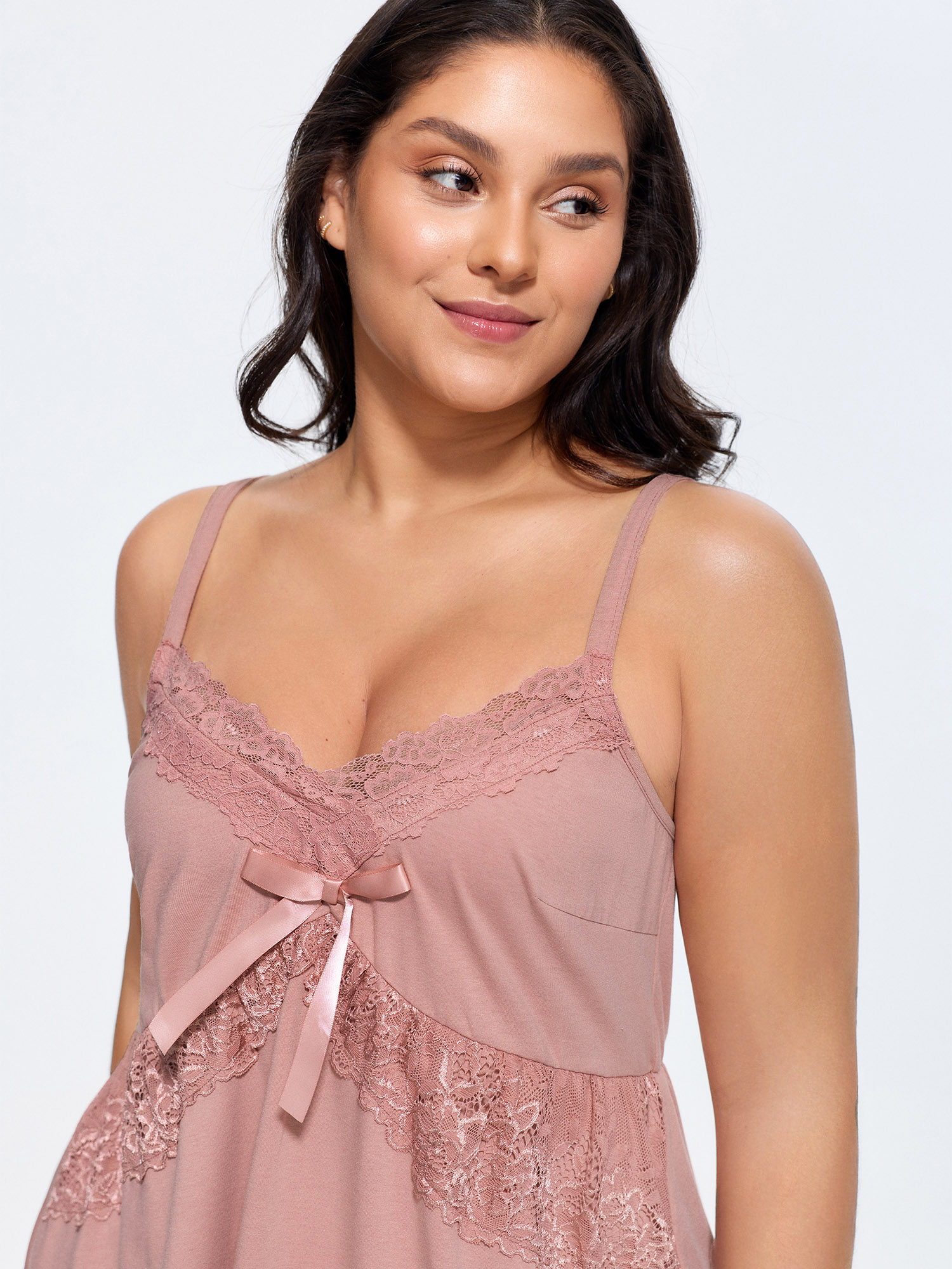 Side view of BloomChic Women's Plus Size Lace Ruffled Hem Bow Detail Nightgown Dirtypink Sleeveless Midi Sweetheart Neck 22-24/3X