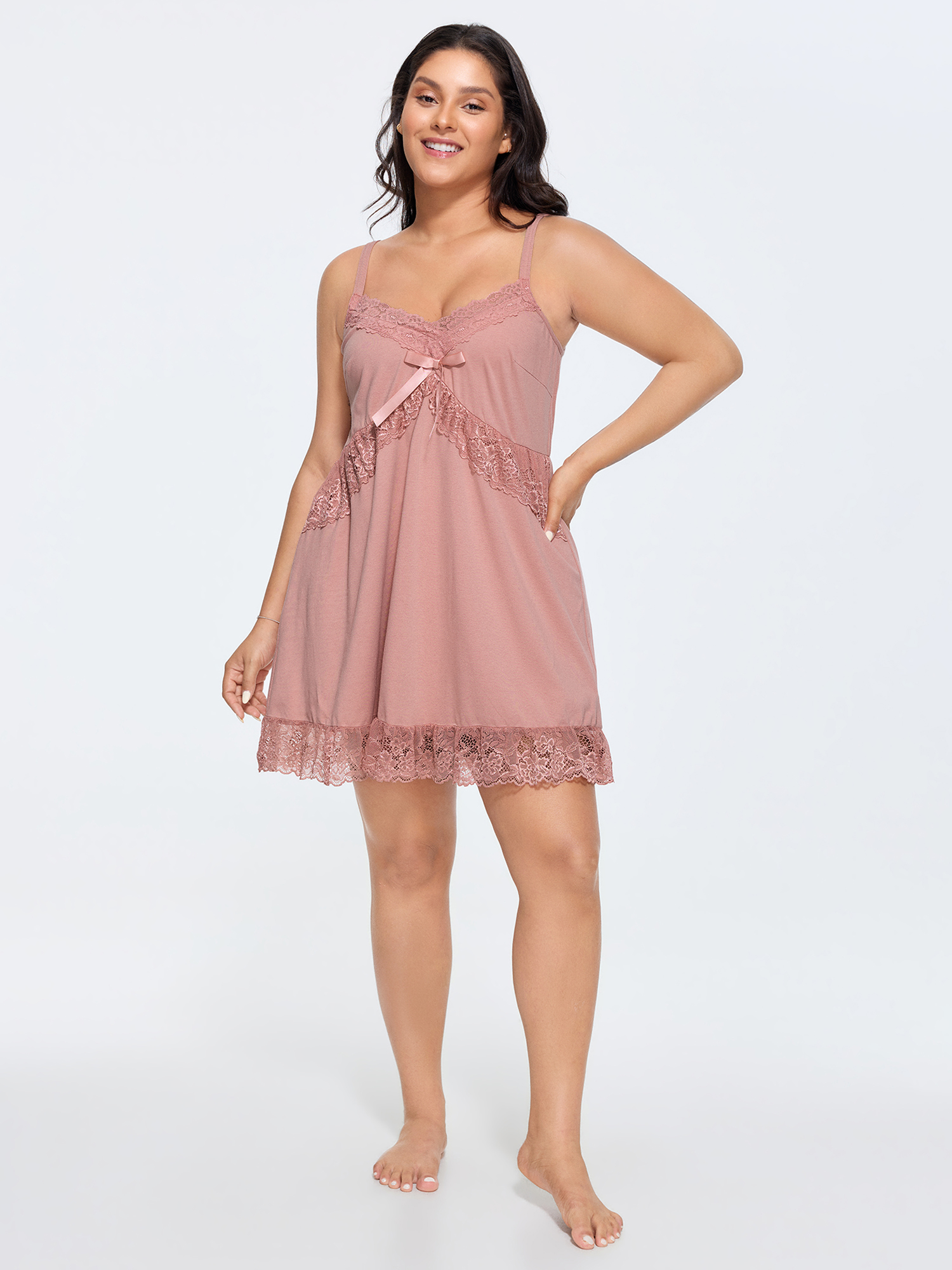 Side view of BloomChic Women's Plus Size Lace Ruffled Hem Bow Detail Nightgown Dirtypink Sleeveless Midi Sweetheart Neck 22-24/3X