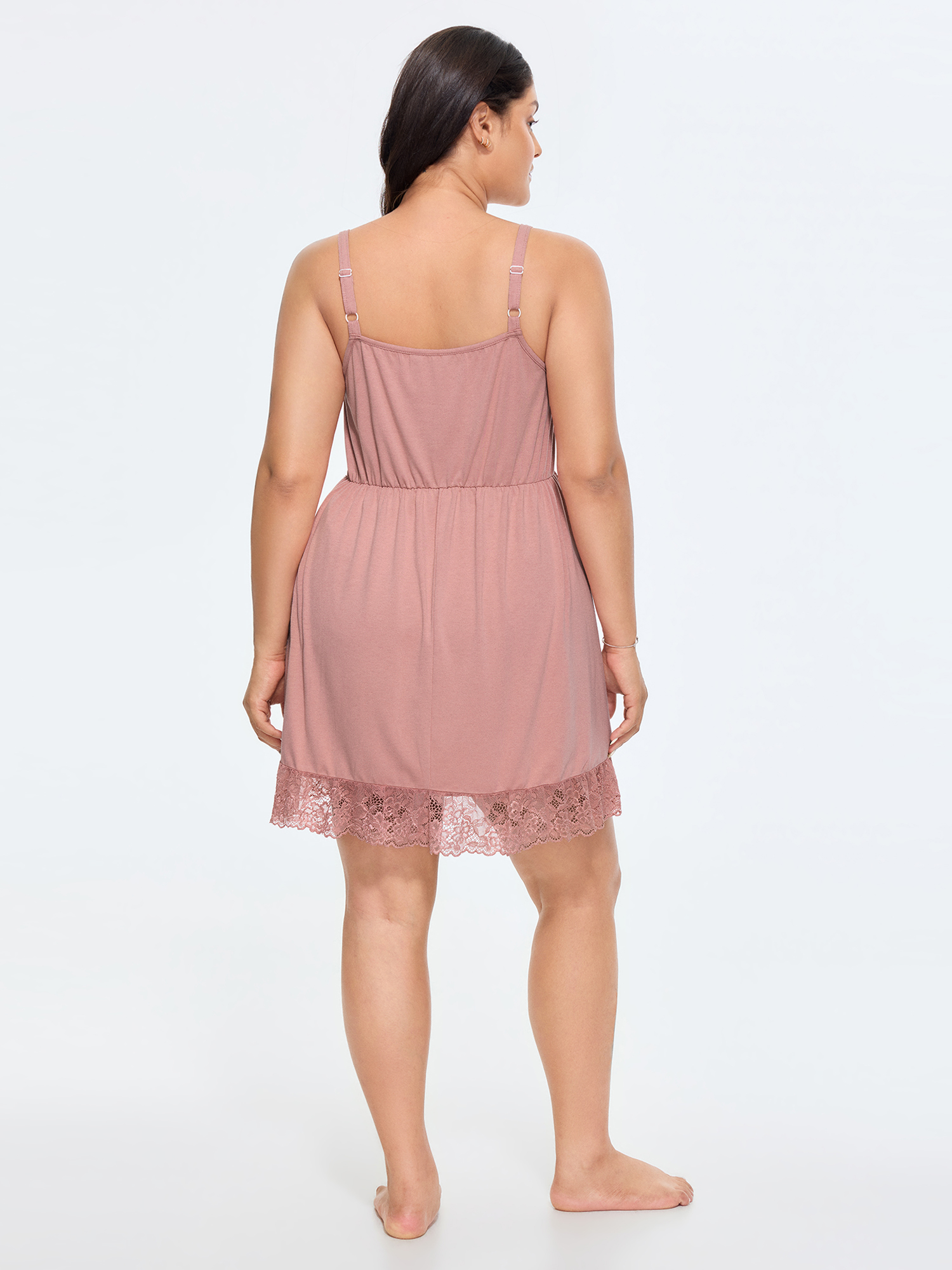 Side view of BloomChic Women's Plus Size Lace Ruffled Hem Bow Detail Nightgown Dirtypink Sleeveless Midi Sweetheart Neck 22-24/3X