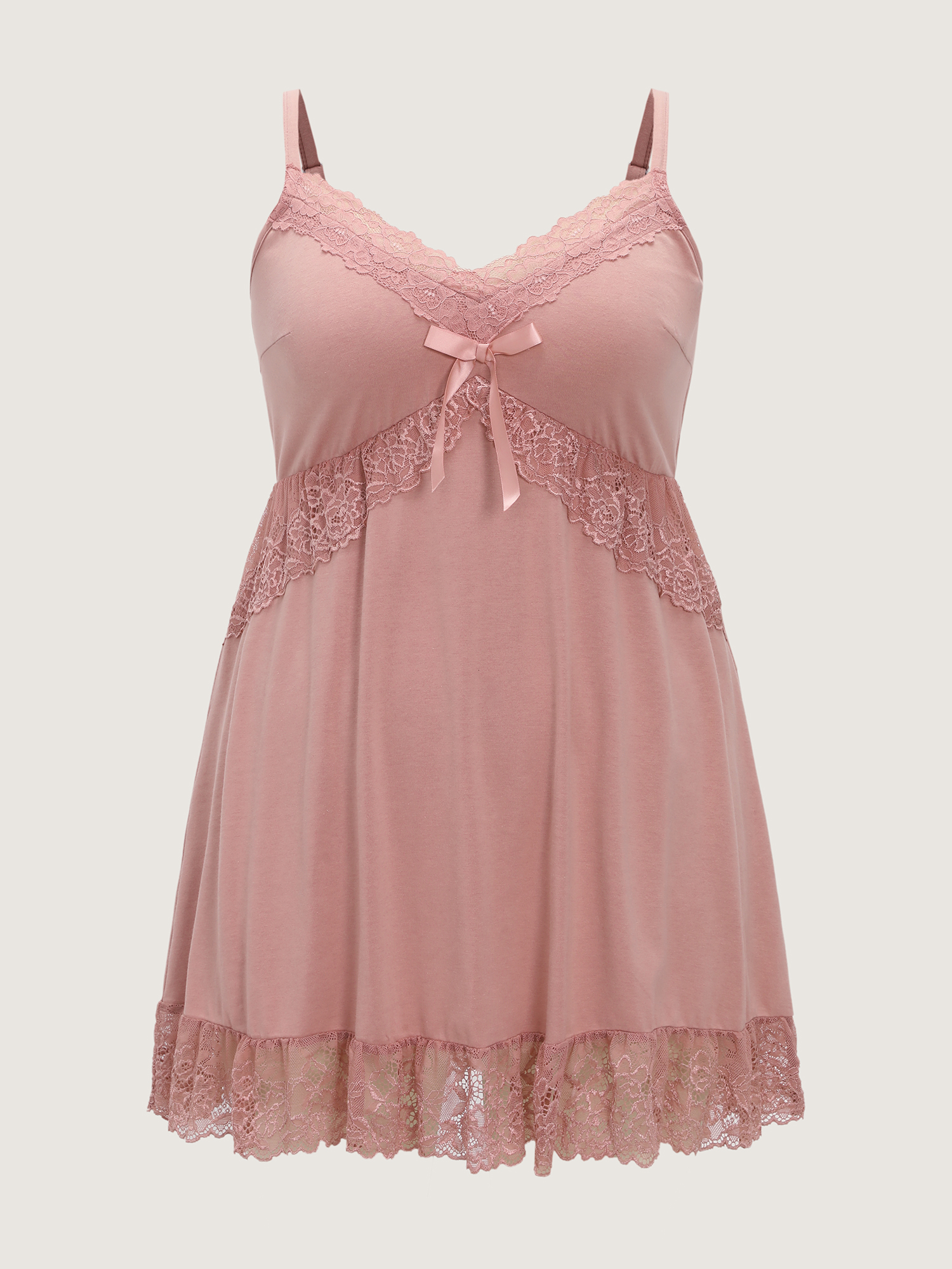 Side view of BloomChic Women's Plus Size Lace Ruffled Hem Bow Detail Nightgown Dirtypink Sleeveless Midi Sweetheart Neck 22-24/3X