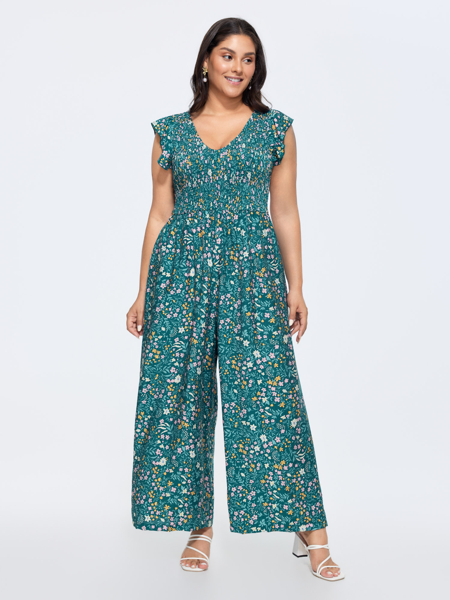 BloomChic Women's Plus Size Breezy Floral Print Flutter Sleeve Jumpsuit Mediumblue Elegant 28/5X-image-48345646989482
