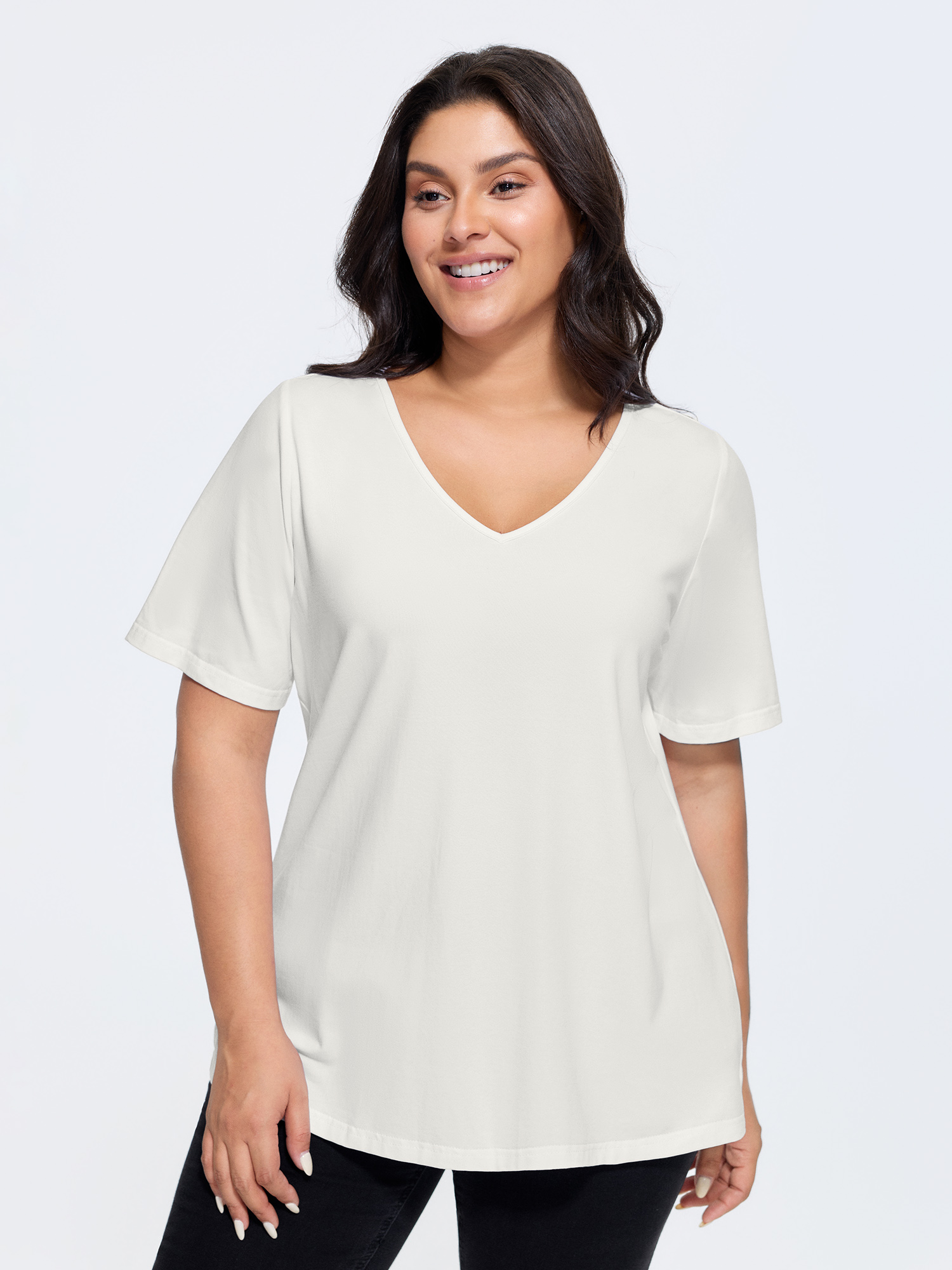 BloomChic Plus Size Cotton V Neck Plain Basic T-shirt - Women's Stalactite Solid Round Neck Comfort Midsection Fit Long Sleeve Playful T-shirts 14/M