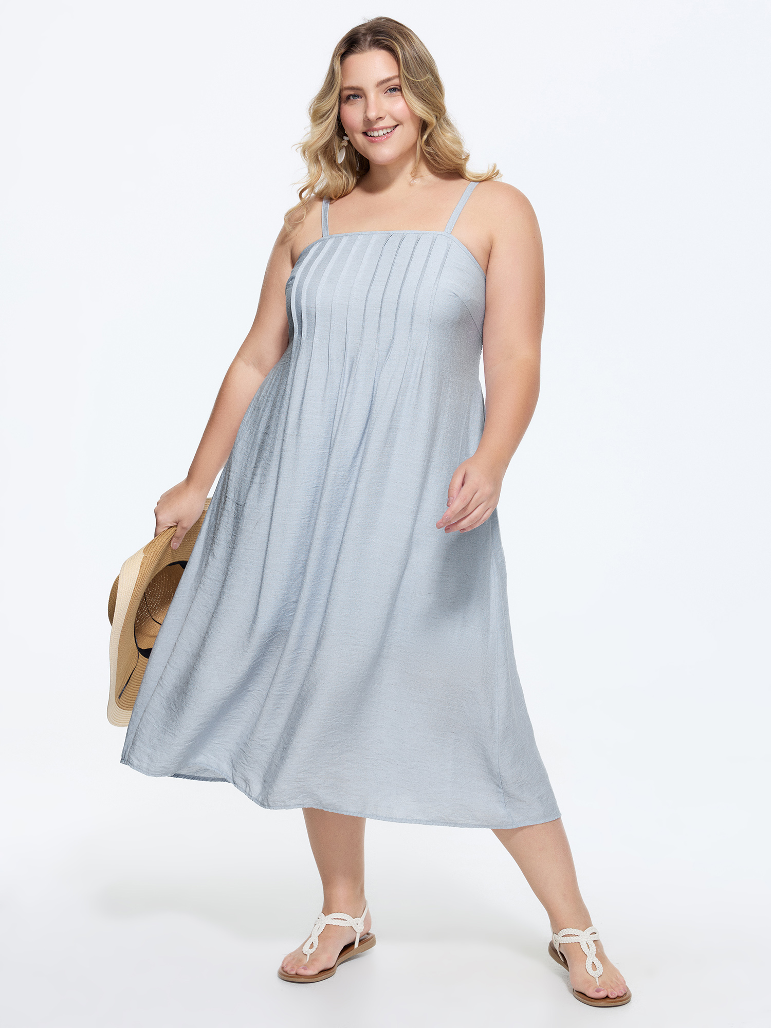 BloomChic Plus Size Toothpick Pleated Shirred Cami Midi Dress - Curve Ladies LightBlue Resort Sleeveless Solid Side Pocket Daily Dresses 16/L