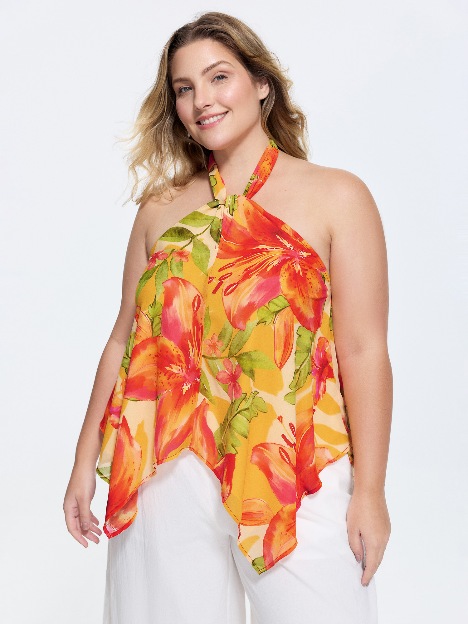 BloomChic Women's Plus Size Vibrant Floral Print Handkerchief Hem Tank Top Coral Vacation A-line Tie-Neck 10/M