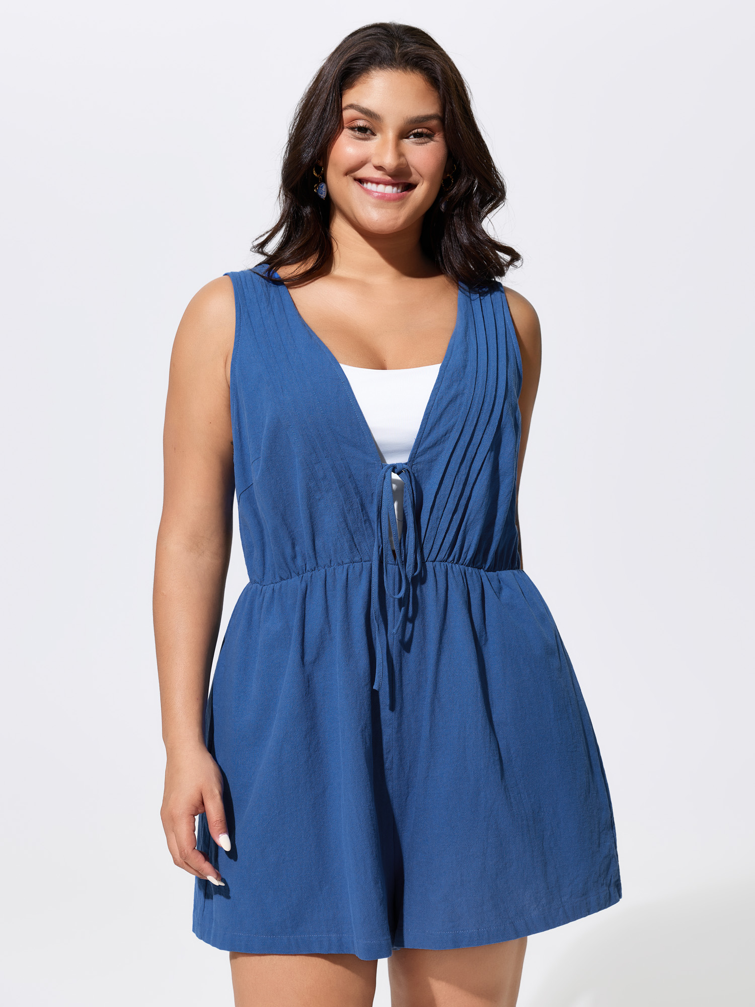 BloomChic Women's Plus Size Cotton Pleated Open Back-Ties Plain Romper Mediumblue Vacation 28/5X-image-48339218694314