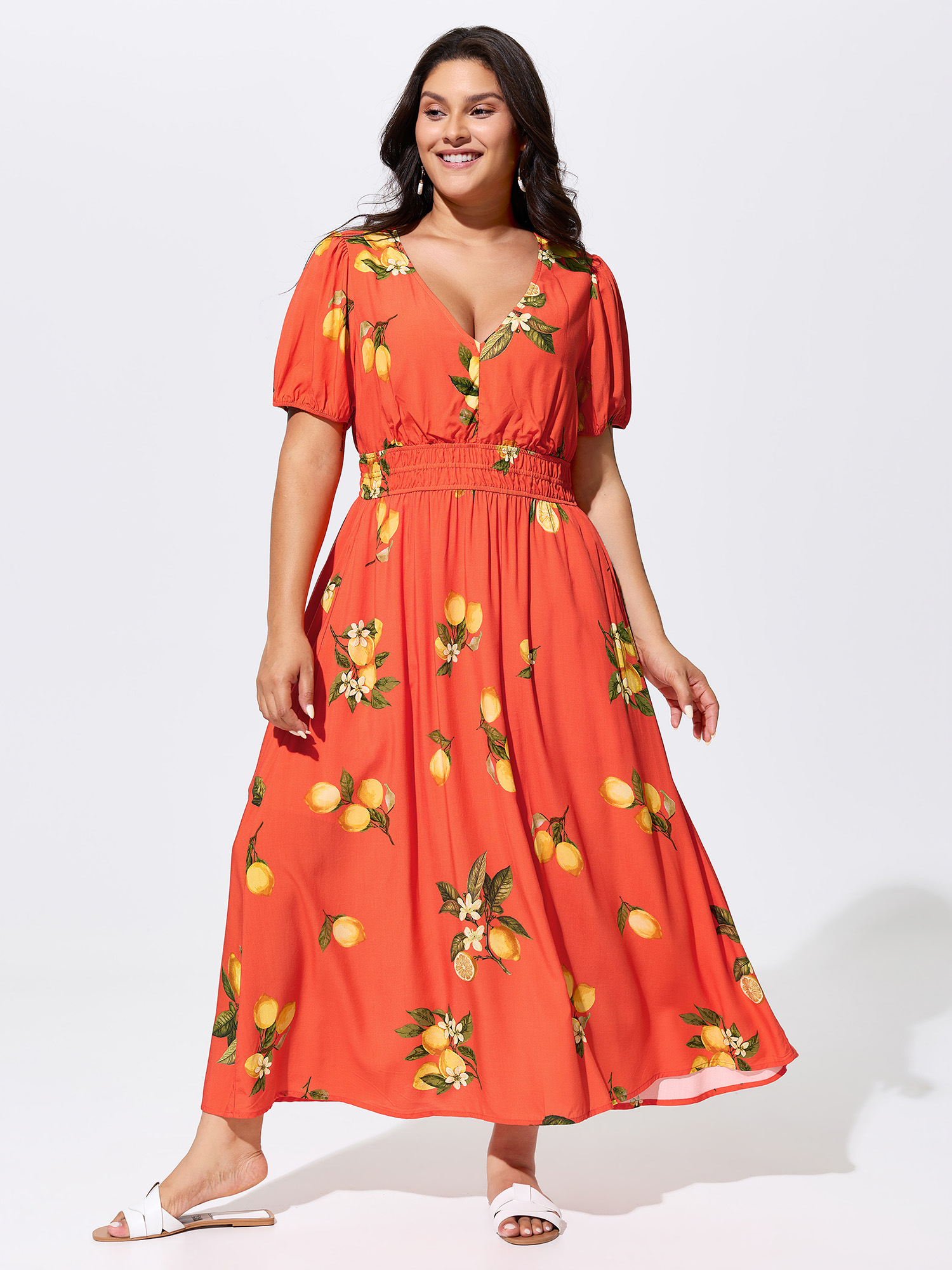 BloomChic Women's Plus Size Citrus Floral Print Puff Sleeve Maxi Dress OrangeRed Fruit Maxi Vacation Smocked 10/M