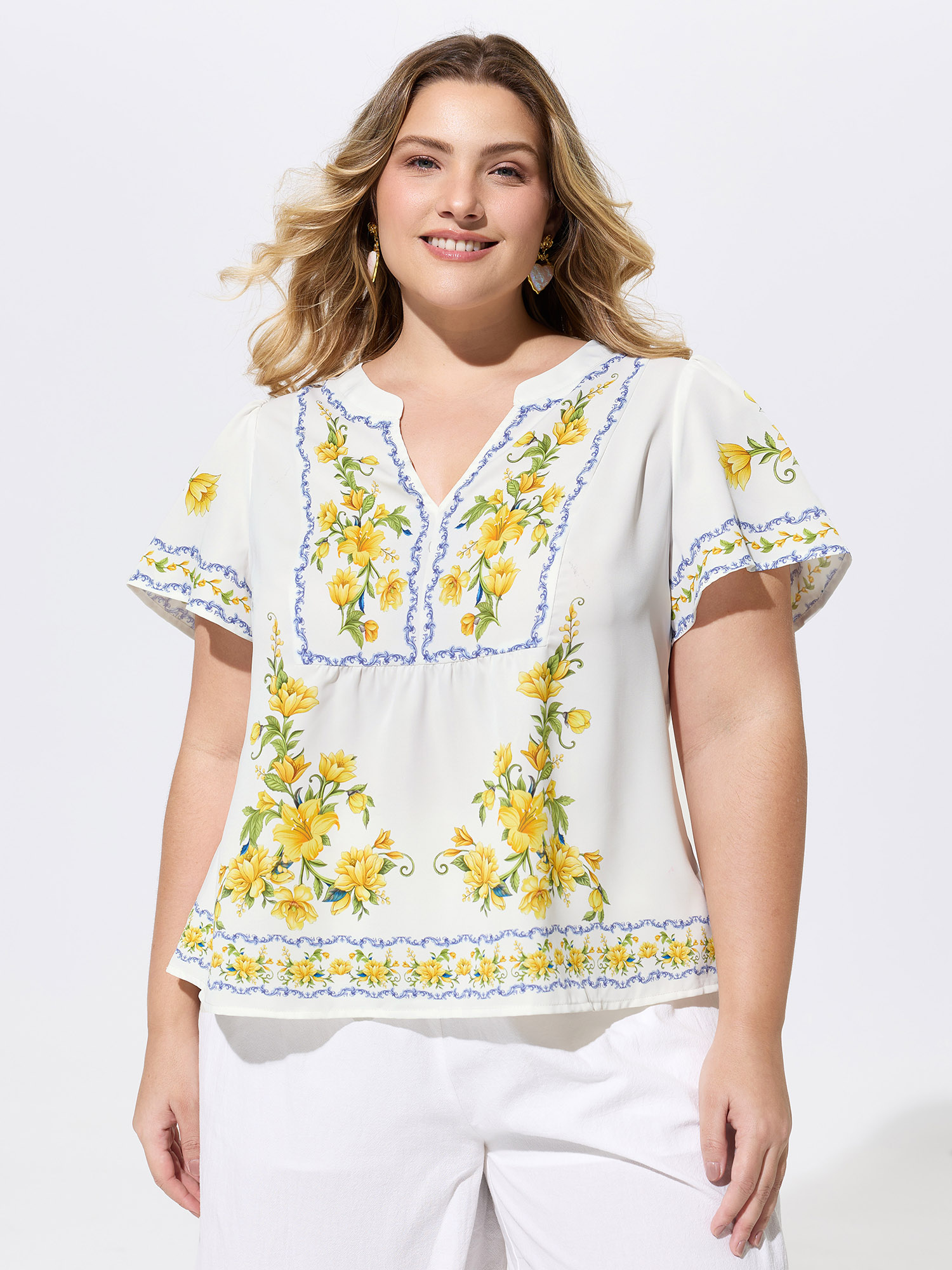 BloomChic Women's Plus Size Floral Branch Print Notched Collar Blouse Lemonyellow Vacation V-Notch Neck 10/M