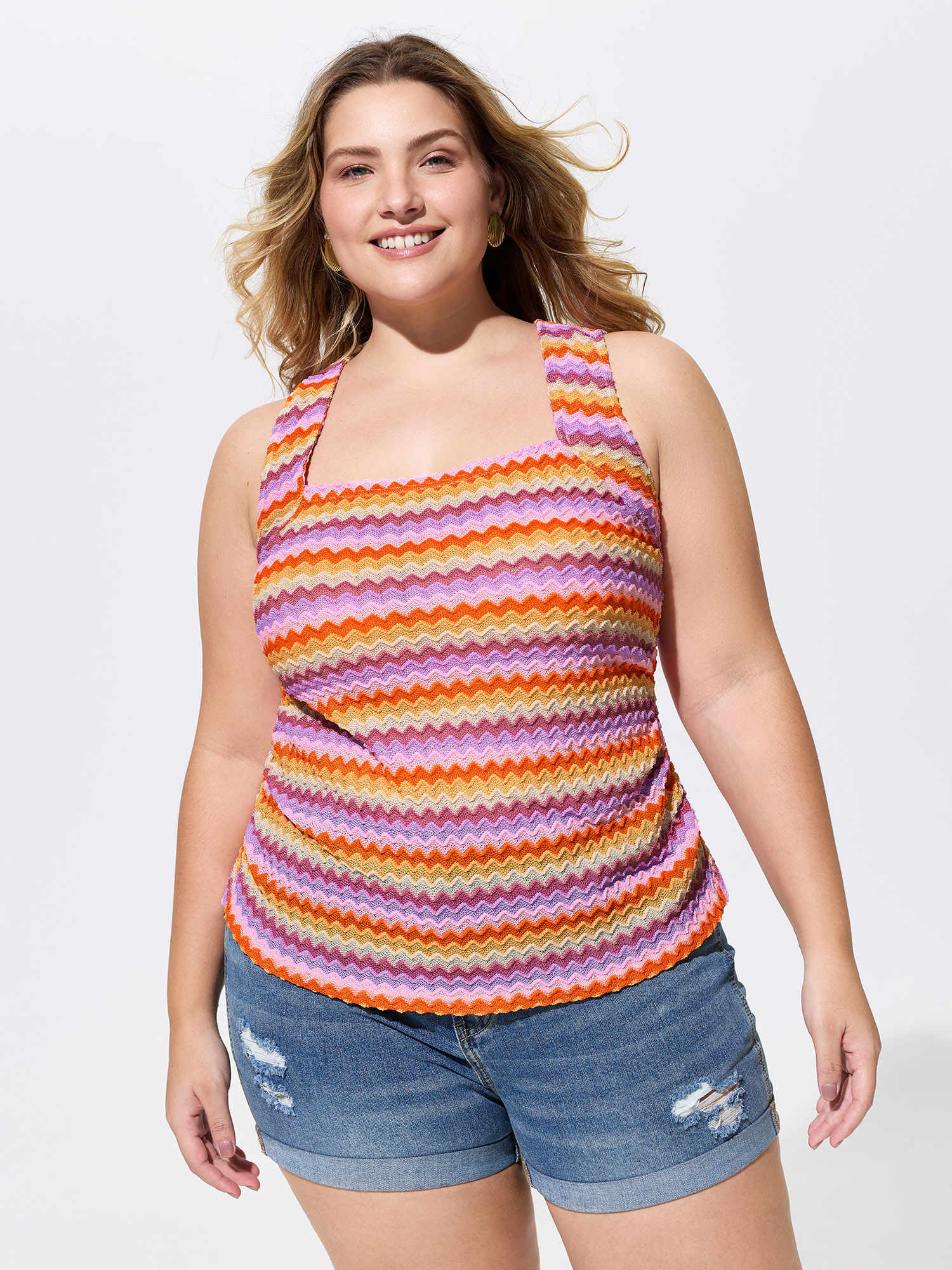 Bloomchic Women's Plus Size Sweet Striped Print Wide Strap Tank Top Amber Vacation Fitted Sheath Square Neck 1 In Orange